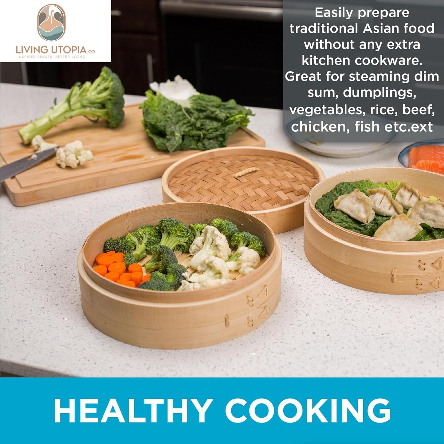 10-Inch Bamboo Steamer - Classic 2 Tier Design for Steaming Veggies, Dumplings, Dim Sum, Chicken, Fish, & Asian Food - Natural Eco-Friendly Steaming Basket, Ideal for Healthy Cooking