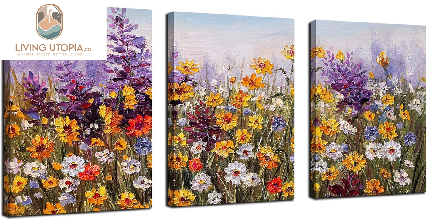 Flower Wall Art Daisy Colorful Canvas Romantic Floral Pictures Purple Yellow Painting, Wildflower Landscape Artwork Framed for Living Room Bedroom Bathroom Dinning Room Home Office Wall Decor