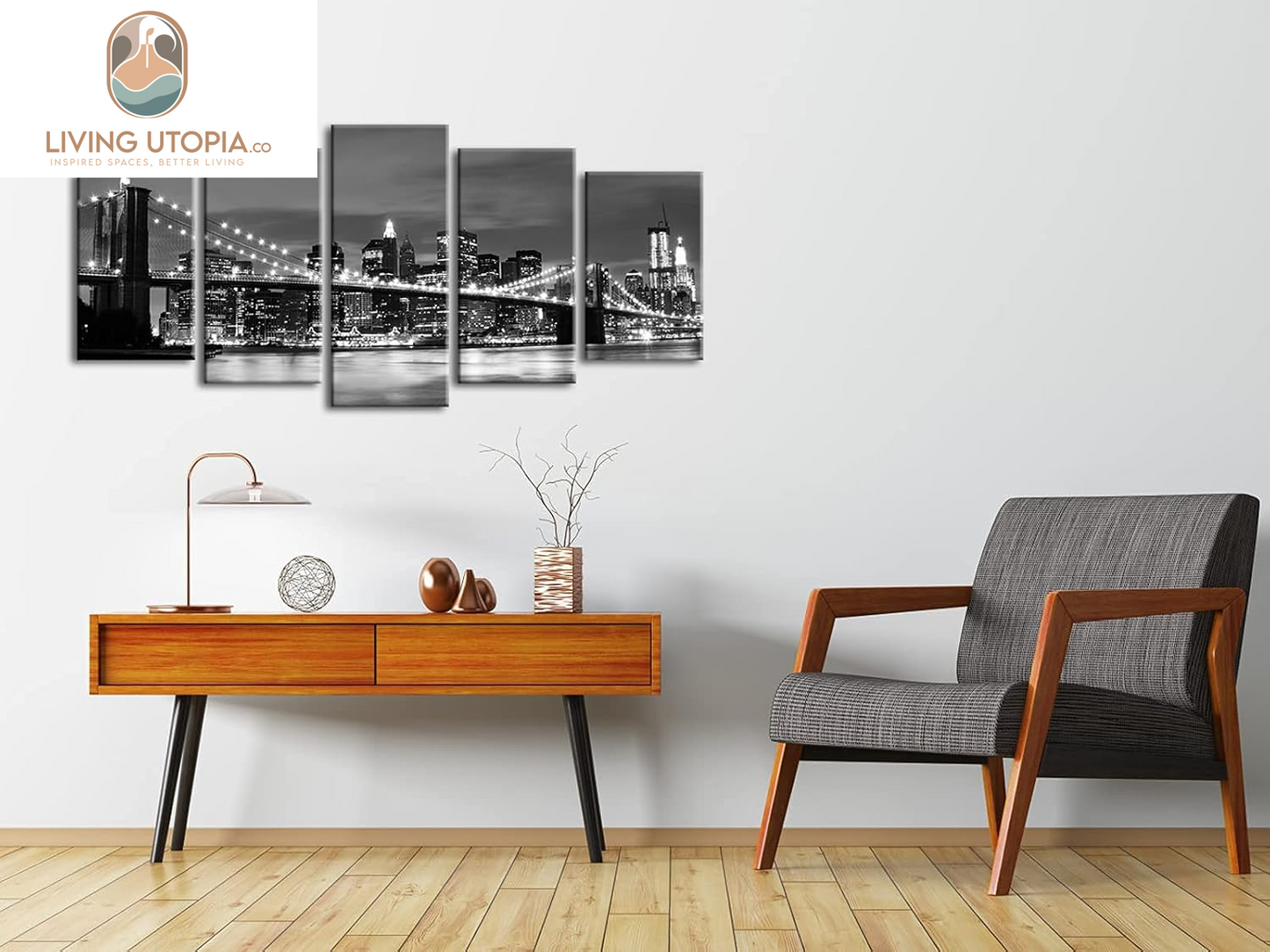 New York Brooklyn Bridge Canvas Wall Art Night View 5 Panels Modern Landscape Artwork Canvas Prints Abstract Pictures to Photo Canvas Wall Decor for Home & Office Decorations