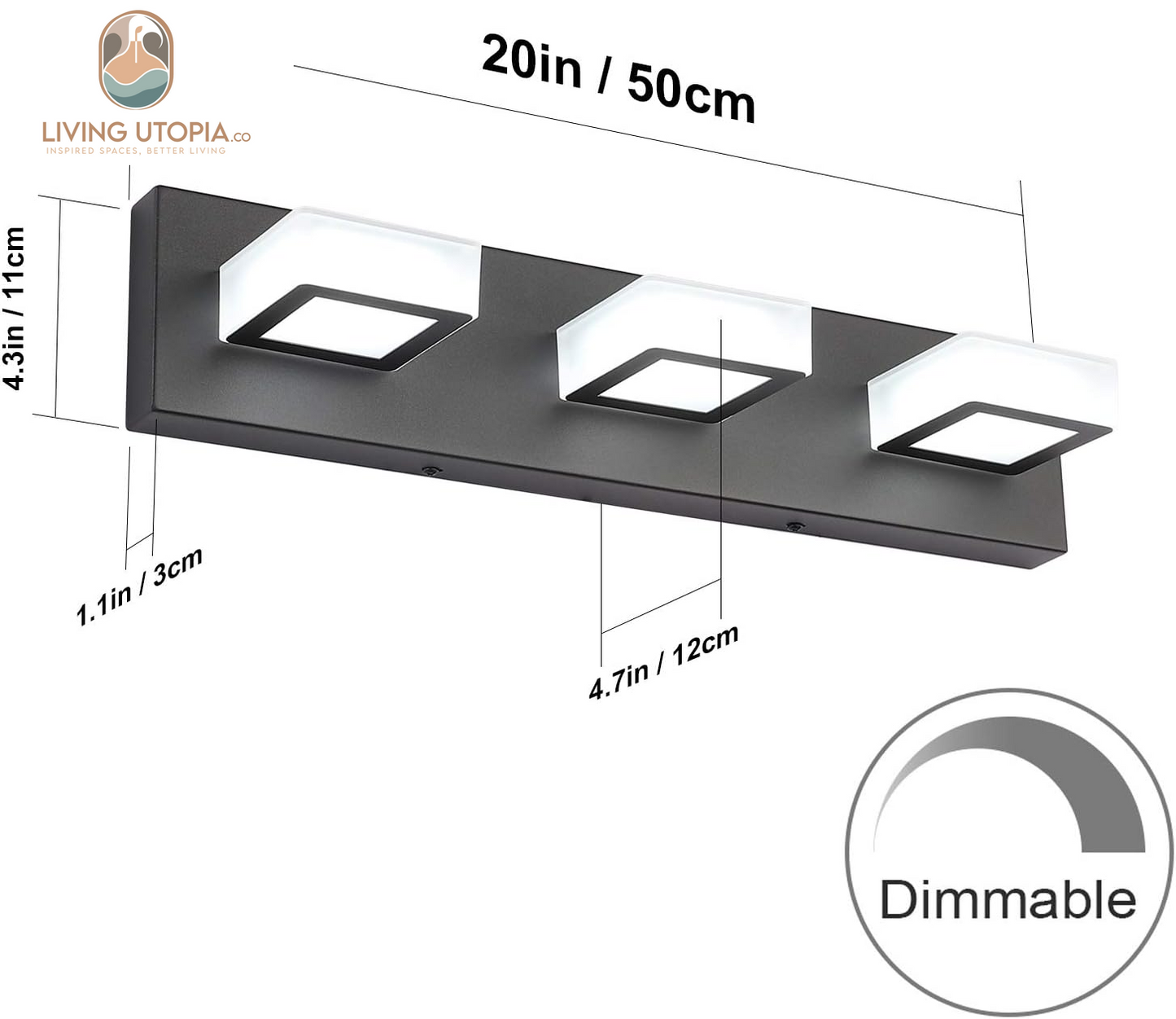 3 Light Dimmable Bathroom Vanity Light LED Modern Matte Black Vanity Wall Light Acrylic Stainless Steel Bathroom Vanity Lighting Fixtures