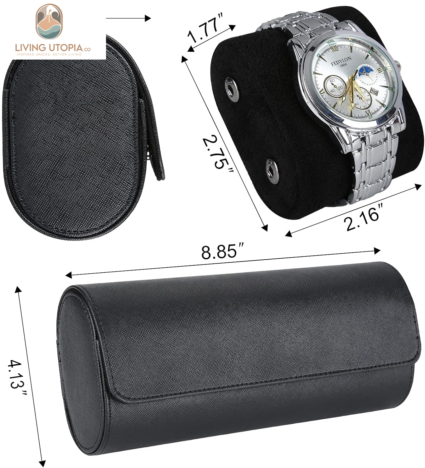 Watch Roll Travel Case for 3 Watch, Watch Case for Men and Women, Luxury Leather Portable Watch Case Roll Organizer for Home Storage, Travel and Display with WHITE BOX (Black, 3 Slot)