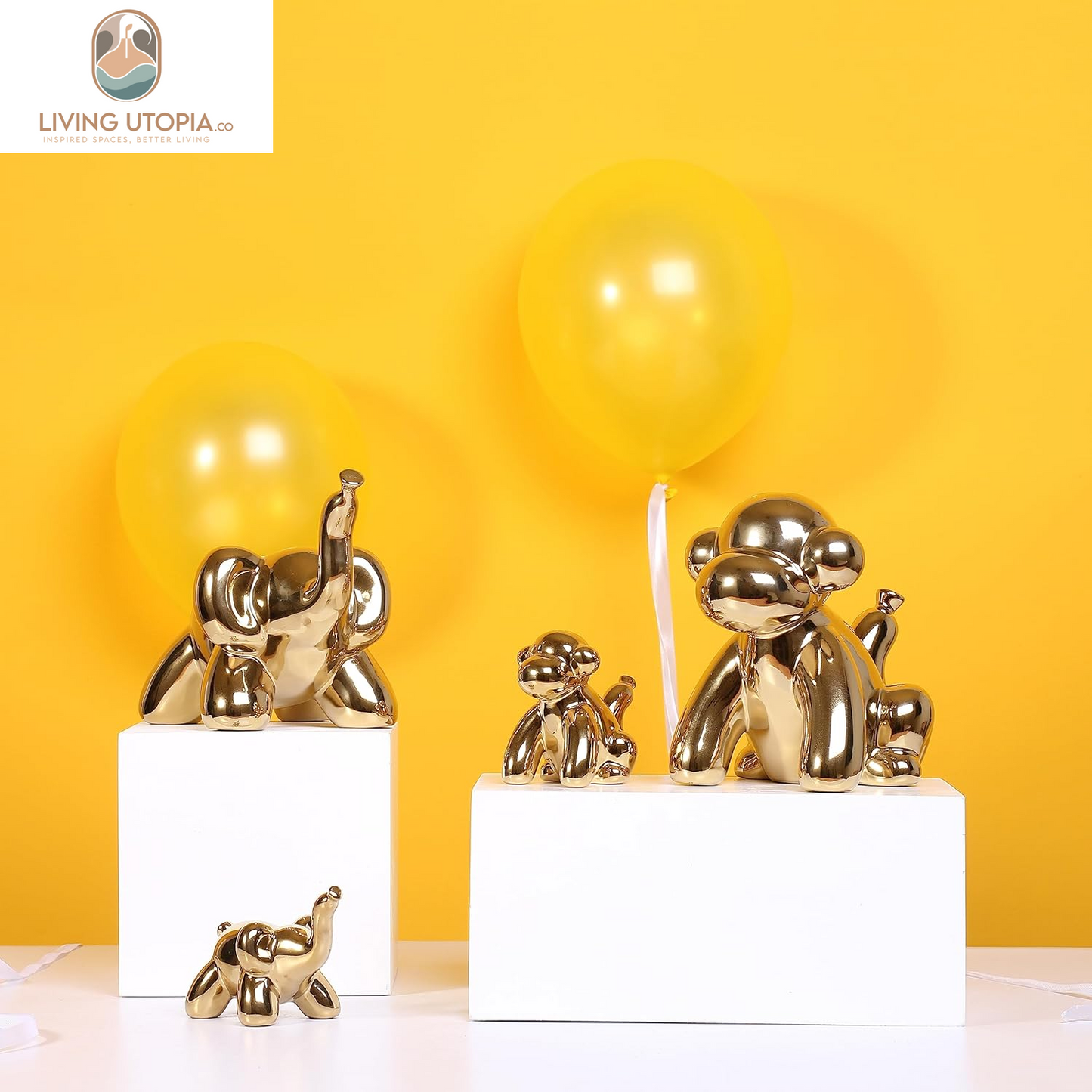 Gold Home Décor Balloon Figurine Accent, Small Ceramic Animal Statue Handmade Sculpture Ornament (Elephant)