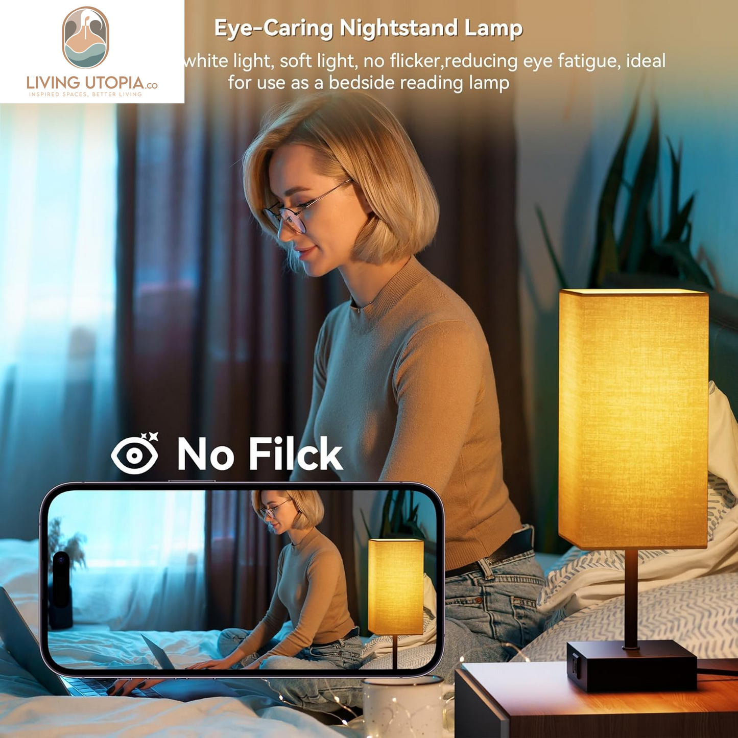 Table Lamp with USB C USB a Port,Square Touch Lamp for Bedroom with 3 Way Dimmable 2700K Warm Light, Beige Fabric Lamp Shade Small Lamp for Night Stand LED Bulb Included