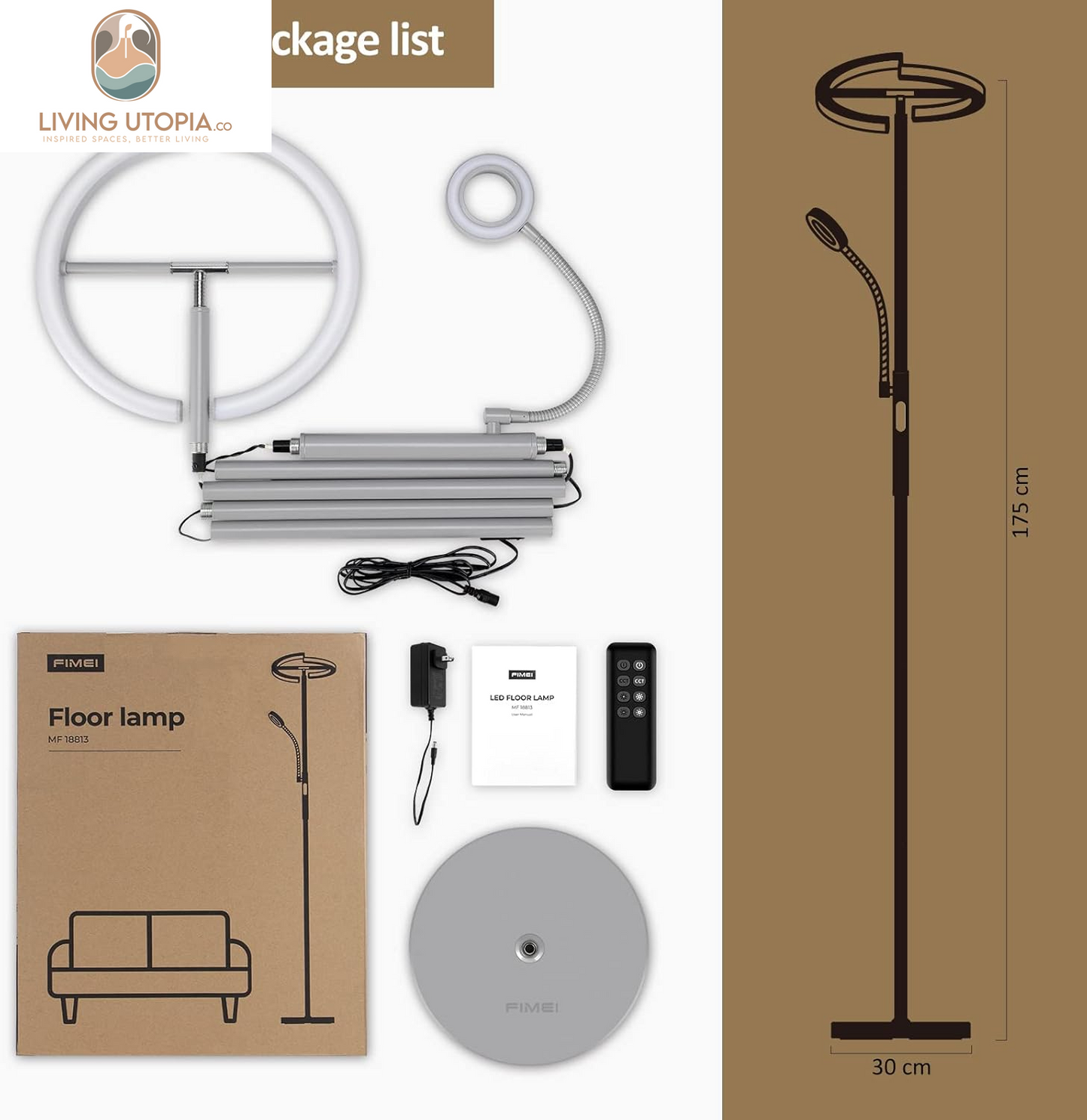 Split Floor Lamp with Reading Light, Modern Bright LED Rotatable Standing Lamp with Stepless Dimming and 3000K-6000K Color for Living Room Bedroom Office, Touch and Remote Control, Gray
