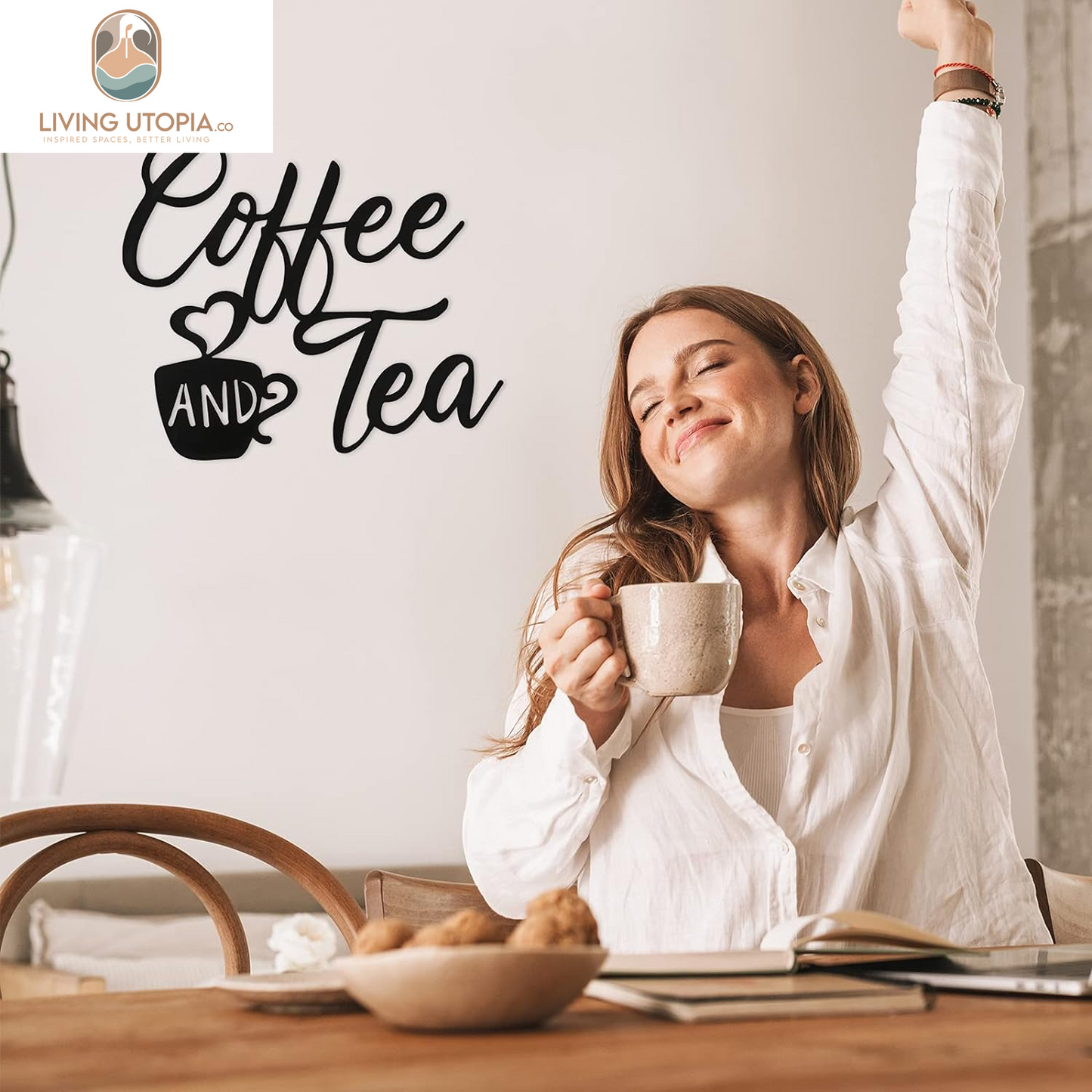 Coffee Sign Metal Hanging Wall Art 12 X 10.2 Inch Black Wall Decor Cafe Bar Letter Sign for Cafe Farmhouse Kitchen(Coffee and Tea)