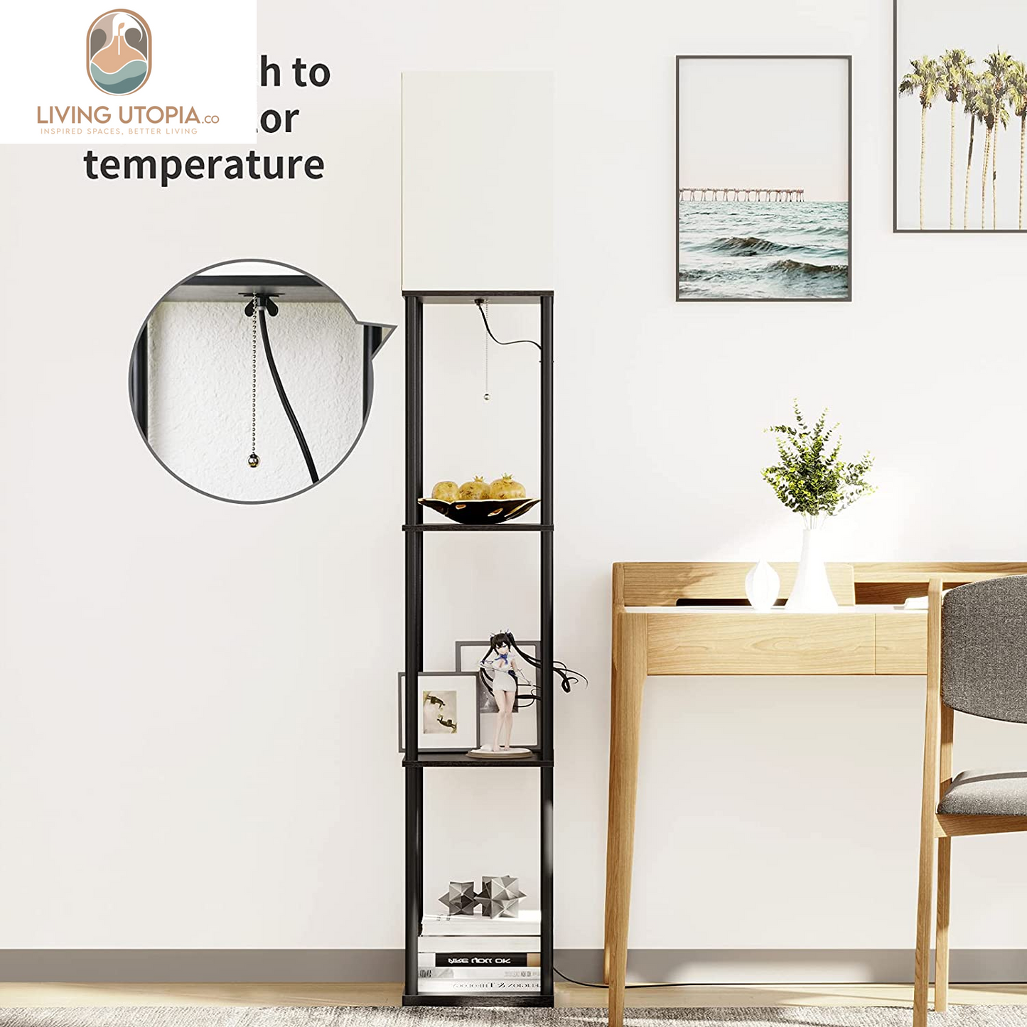 Floor Lamp with Shelves, Modern Square Standing Lamp with 3 Color Temperature Bulb, Corner Display Bookshelf Lamp for Living Room and Bedroom(Black)
