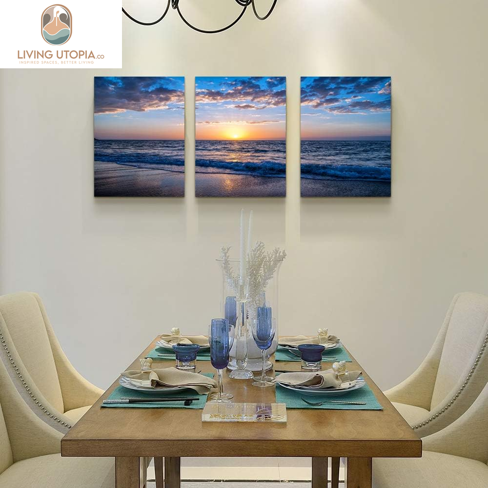 3 Piece Canvas Wall Art -Sunrise Blue Sea View Landscape - Modern Home Decor Room Stretched and Framed Ready to Hang - 12"X16"X3 Panels