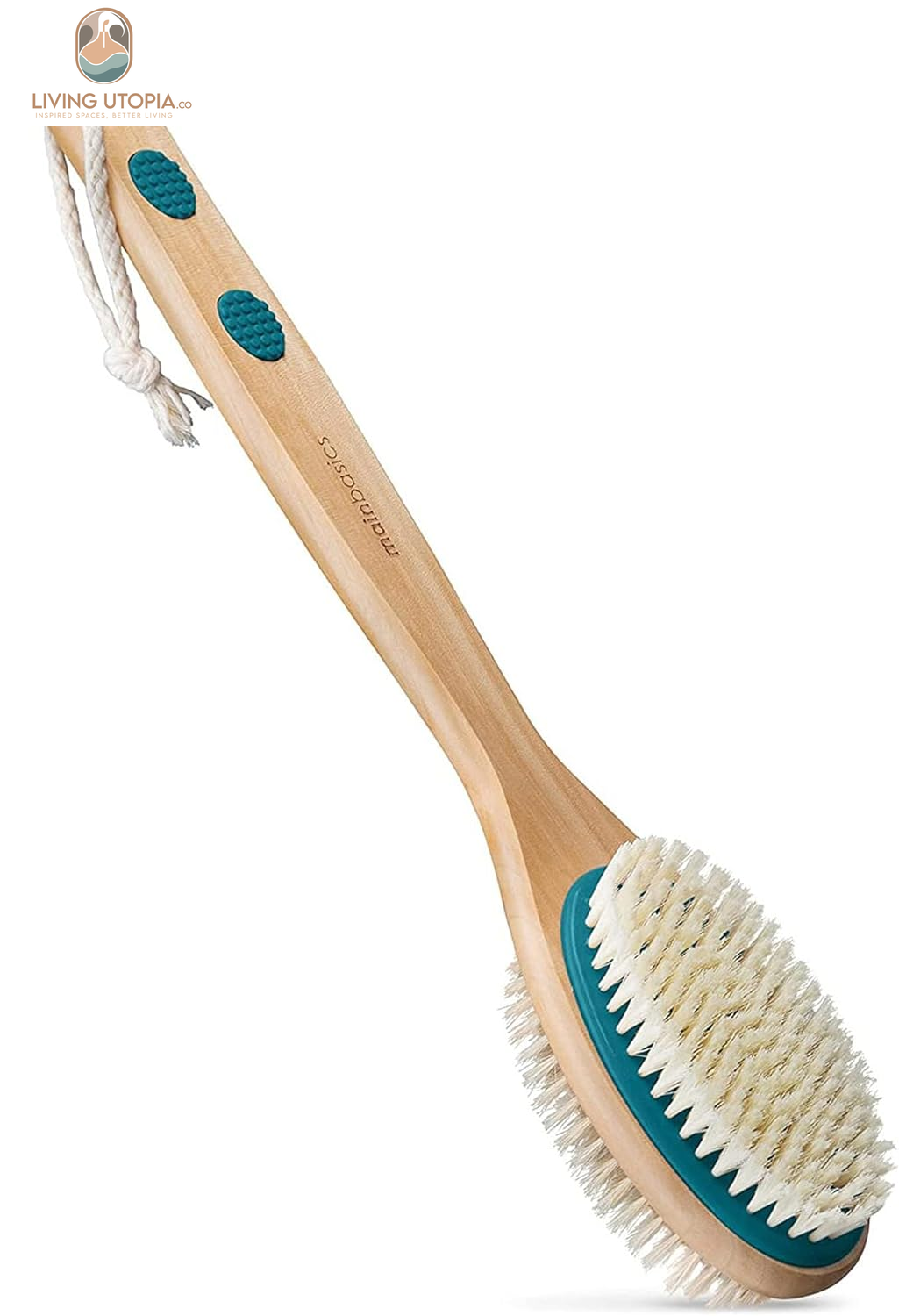 Back Scrubber for Shower – Long Handle Dual-Sided Brush for Body Wash & Scrubbing with Exfoliating & Soft Bristles (Teal, Wood)