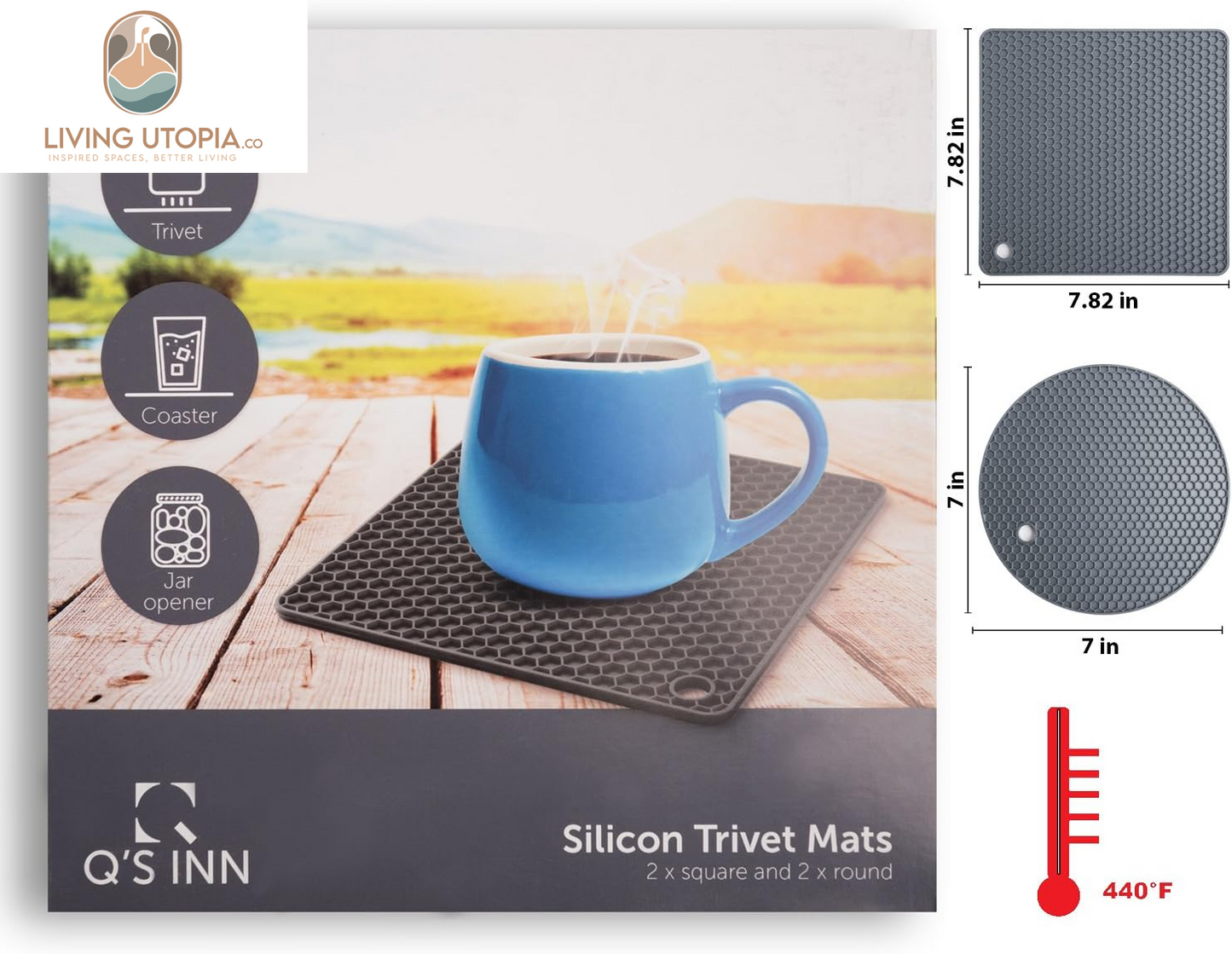 Silicone Trivet for Hot Dishes. Silicone Pot Holders Are Heat Resistant Mats for Countertop up to 440°F, Multipurpose - Non Slip Jar Opener Hot Disher Spoon Rest Food Grade & BPA Free (Gray)