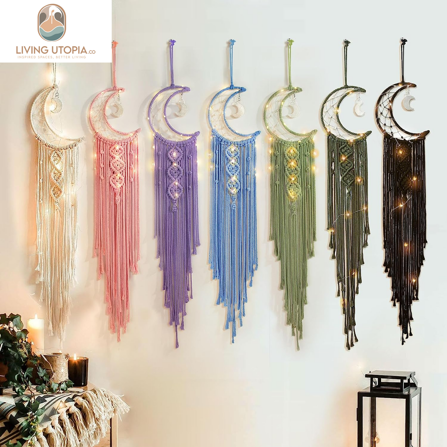 Boho Macrame Woven Wall Hanging, Crochet Crescent Moon Star Dream Catcher with Long Tassel- White Cotton Handmade Bohemian Home Decor Decoration Art Craft for Kids Bedroom Dorm Room
