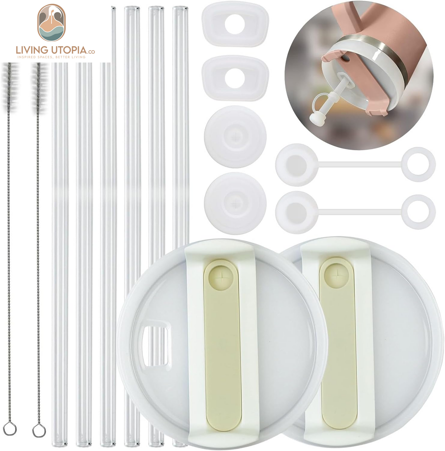 2 Pack Stanley Lid Replacement 40 Oz Tumbler with Handle for Stanley Cup 2.0 Version - 6 Pcs Extra Long Reusable Straws & H2.0 Silicone Spill Proof Stopper - Spill Resistant Covers 3 Set (Beige)