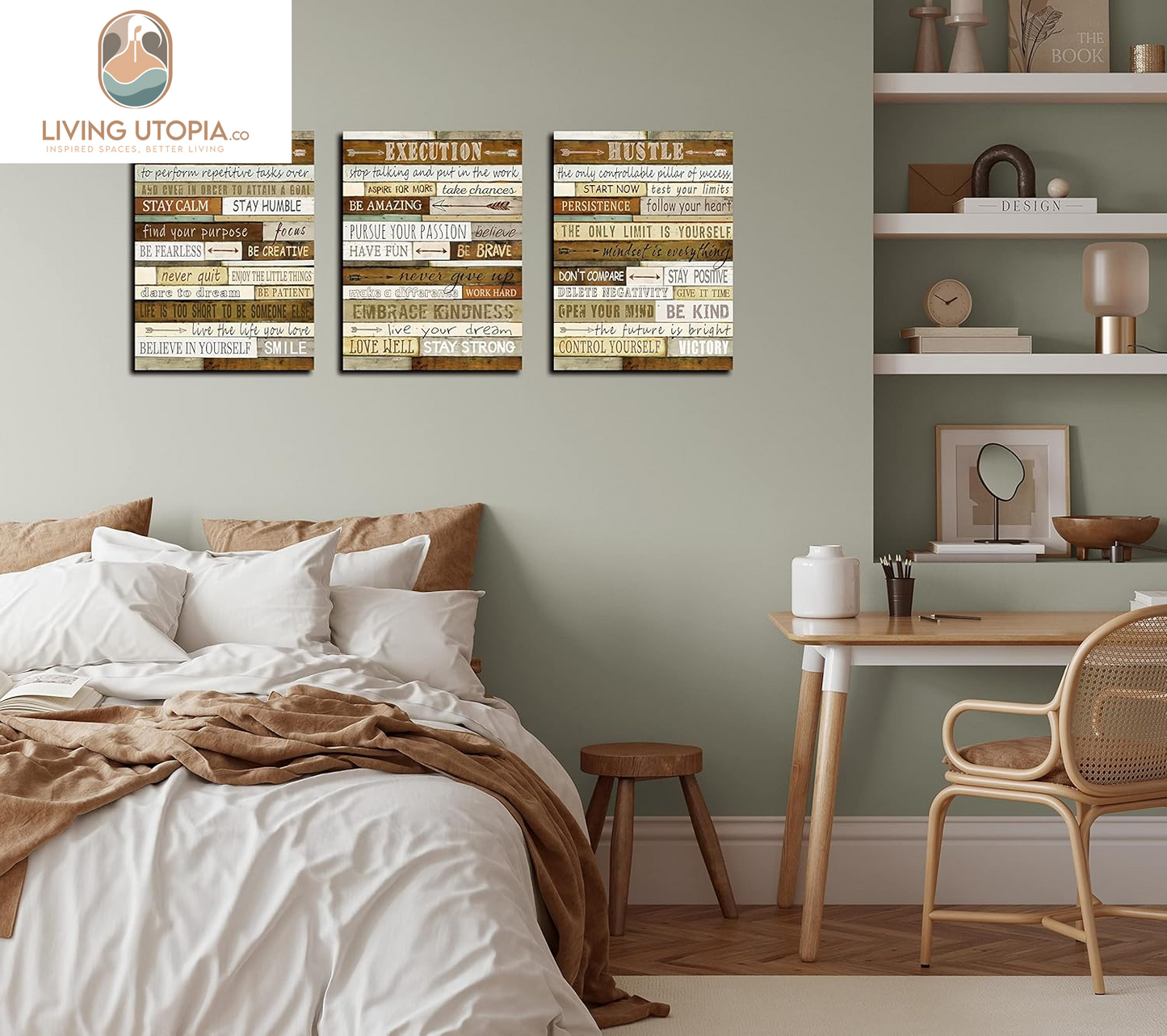 Motivational Wall-Decor - Brown Inspirational Posters - 3 Piece Canvas Wall Art for Bedroom Ready to Hang Size 12" X 16"