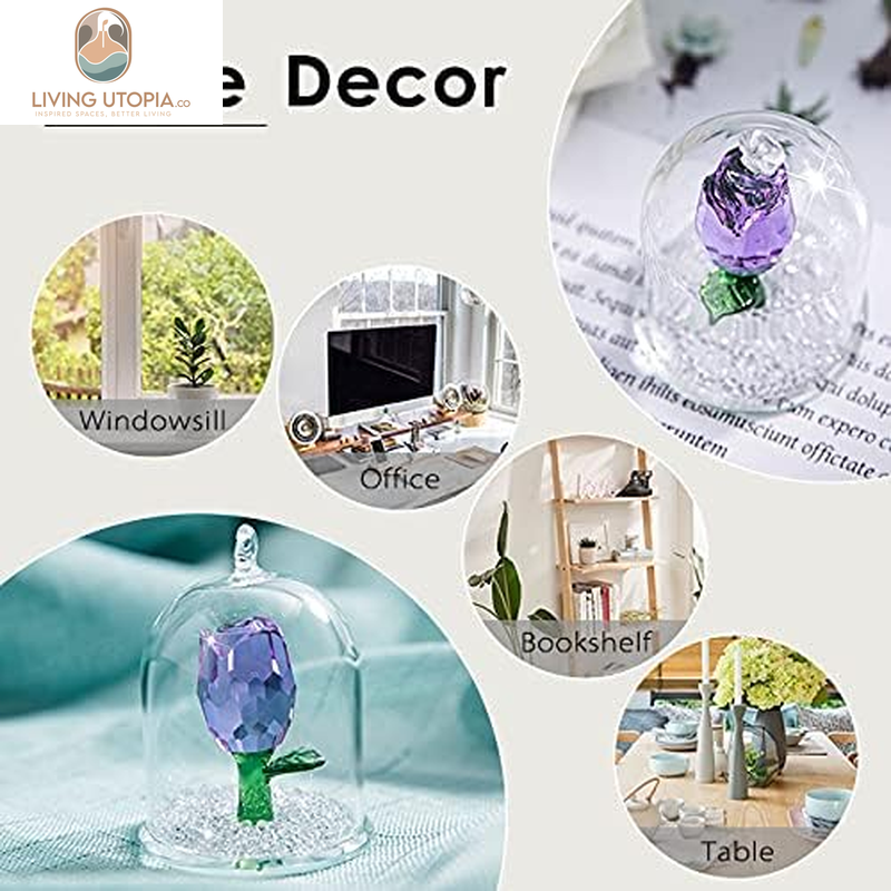 H&D Crystal Enchanted Rose Flower Figurine Dreams Ornament in a Glass Dome Gifts for Her (Purple)