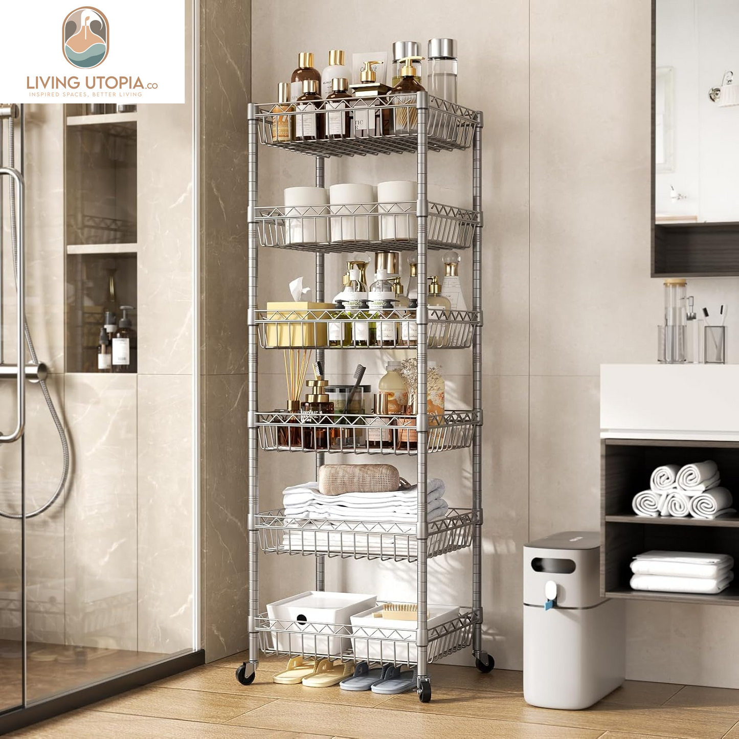 6 Tier Wire Shelving Unit with Baskets Storage Rack Corner Shelves Adjustable Shelf Closet Bathroom Organizers Metal Pantry Kitchen Garage Laundry Room 13.5" D X 13.5" W X 63" H Silver