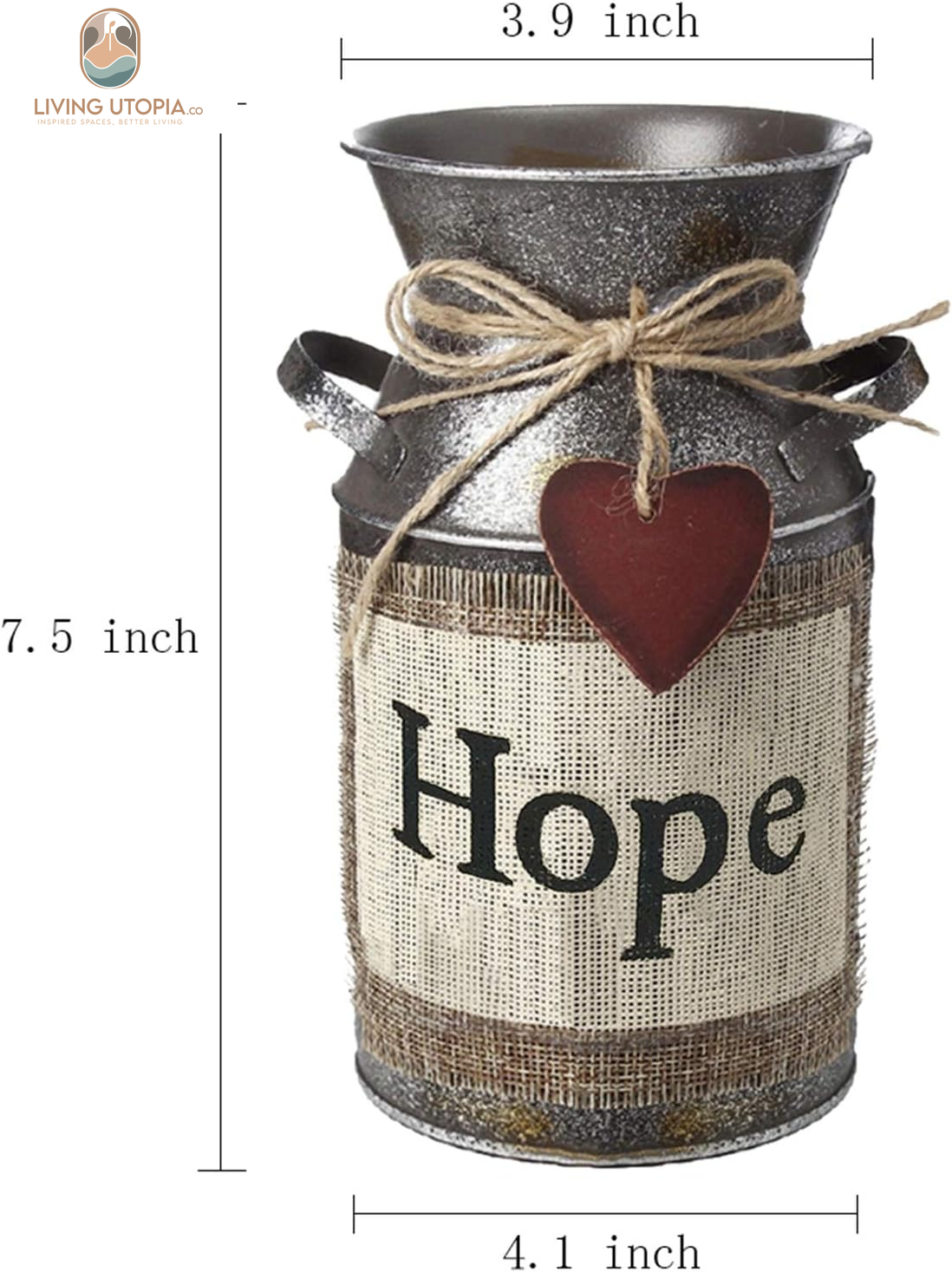 7.5" High Rustic Decorative Vase with Greetings and Rope Design, Metal Milk Can Country Jug for Living Room, Bedroom, Kitchen(Hope)