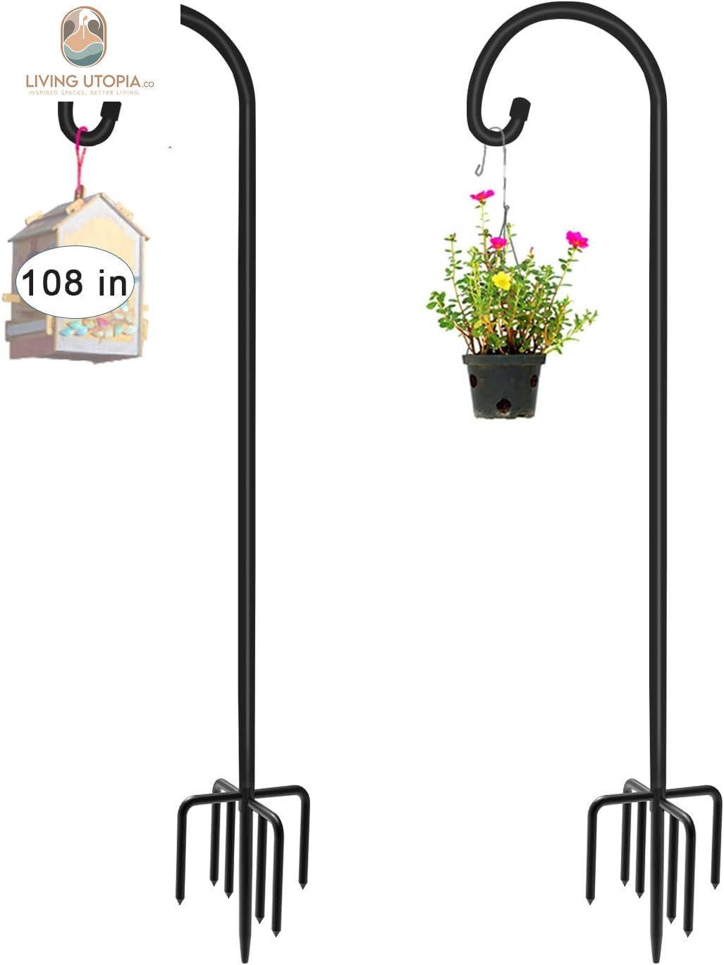 108 Inch Outdoor Shepherd Hook with 5 Prong Base (2 Packs), Adjustable Heavy Duty Garden Hanging Stake for Bird Feeder Solar Light Plant Hanger Wedding Decor, Matte Black