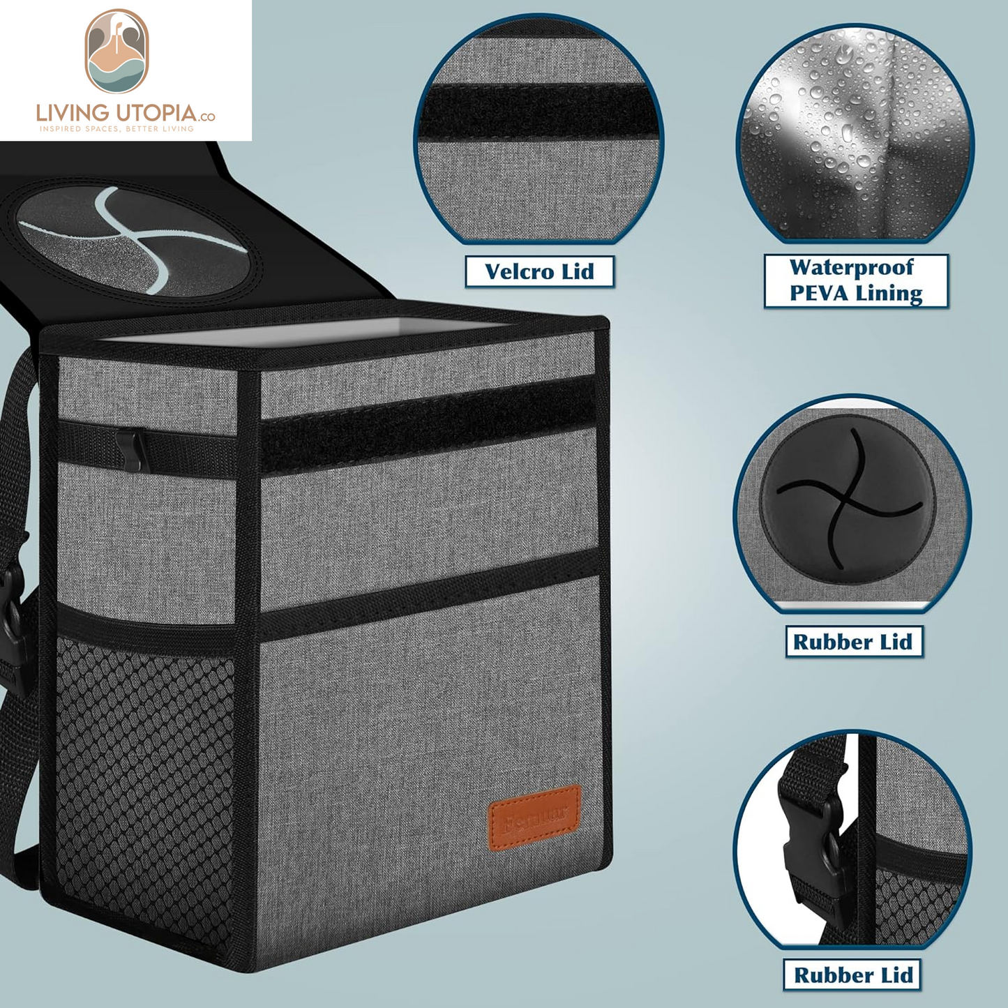 Car Trash Can Leak Proof Car Trash Bag Waterproof Car Garbage Can with Lid for SUV Front Seat Multipurpose Car Hanging for Headrest Collapsible and Portable with Storage Mesh Pocket, Grey