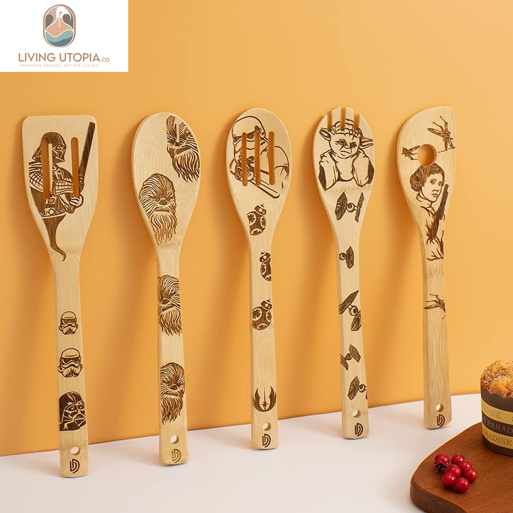 5 PCS Star War Burned Wooden Spoons Cooking Organic Spoons Turners Carved Spatulas Non-Stick for Cookware Kitchen Gadgets - Premium Quality Gifts for Housewarming and Wedding
