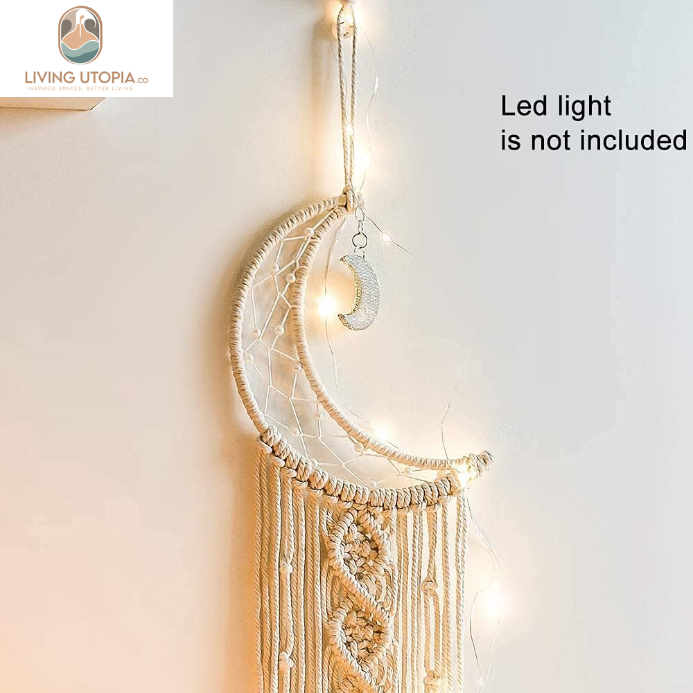 Boho Macrame Woven Wall Hanging, Crochet Crescent Moon Star Dream Catcher with Long Tassel- White Cotton Handmade Bohemian Home Decor Decoration Art Craft for Kids Bedroom Dorm Room
