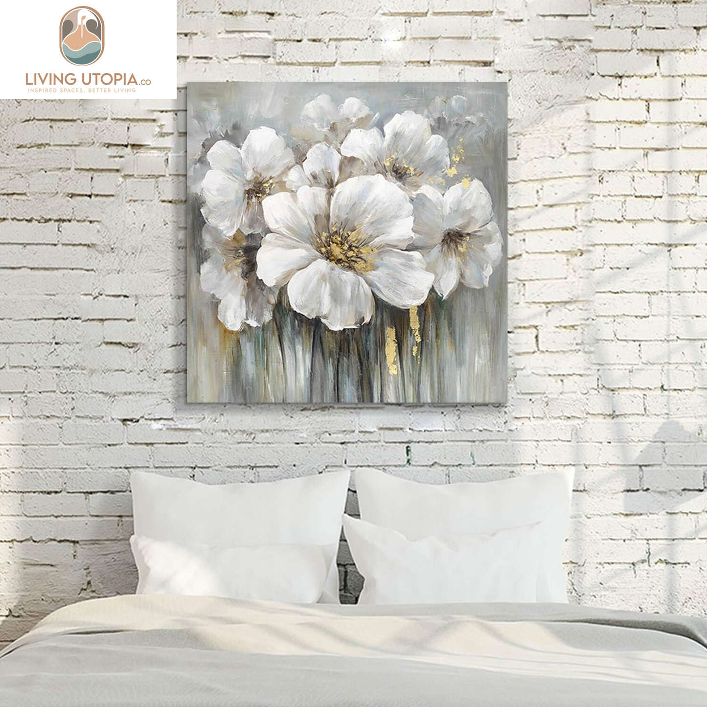 Large Flower Canvas Wall Art - Abstract Floral Painting White Blooming Floral Pictures Artwork Prints for Living Room Bedroom Home Office