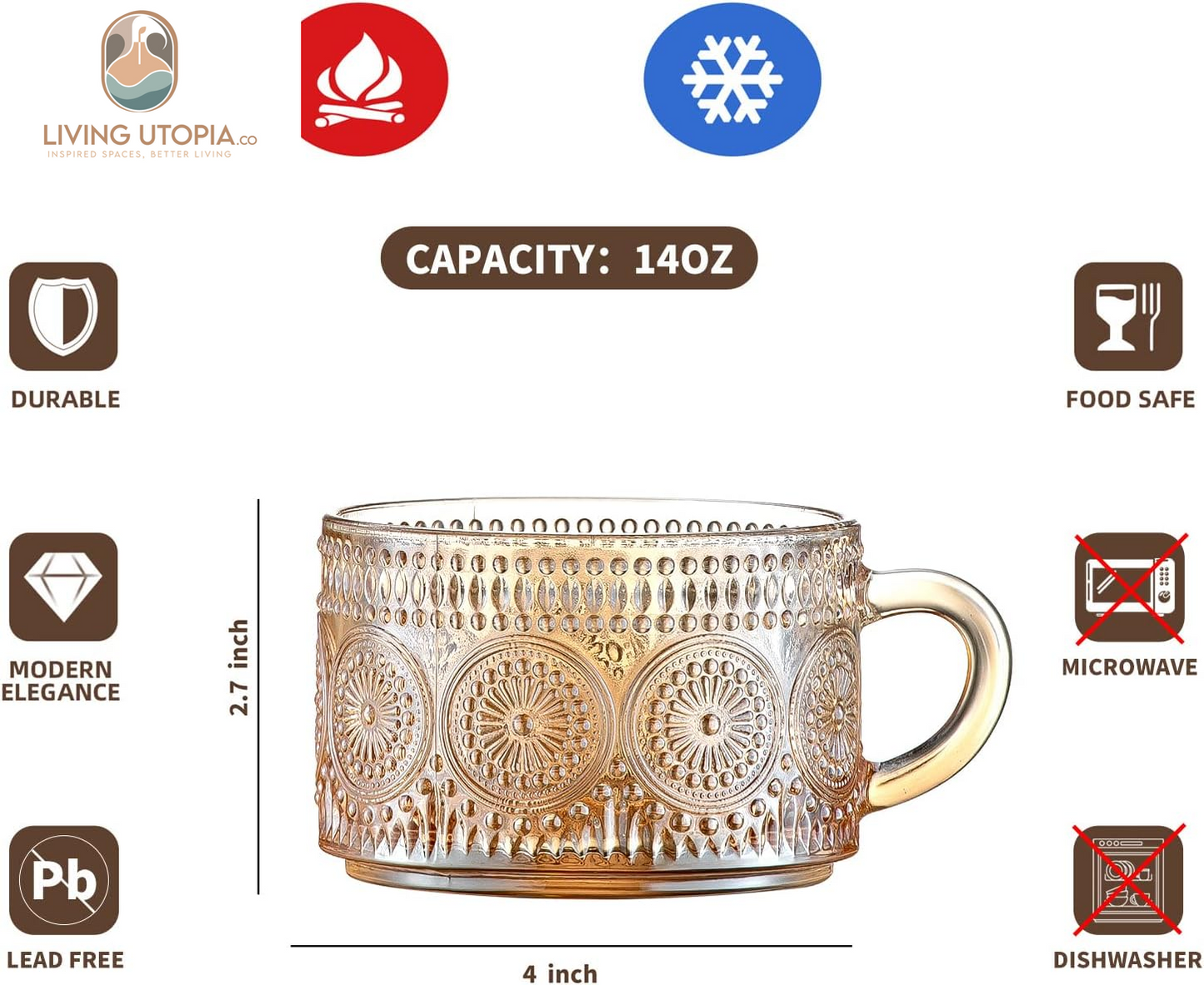 Vintage Coffee Mugs 14 Oz Set of 2 Amber Embossed Glass Tea Cups for Cappccino, Latte,Cereal, Yogurt, Beverage Christmas Thanksgiving Day Gifts