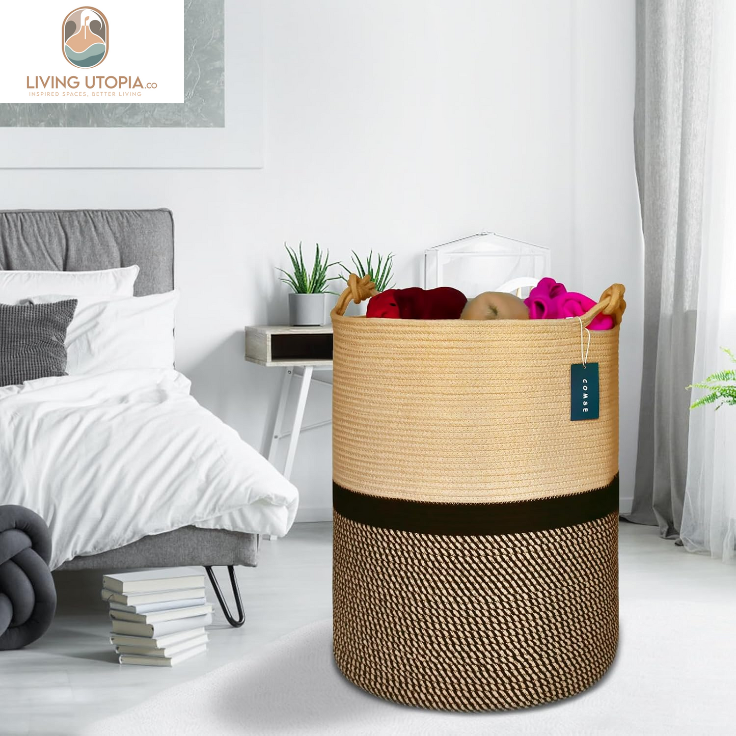 Extra Large Blanket Basket, Tall Storage Basket,15.7”X 21.7”, Large Laundry Basket, Tall Basket, Rope Basket, XXXL Laundry Basket, Toy Basket, Woven Basket, Clothes Baskets, Blend Brown/Black