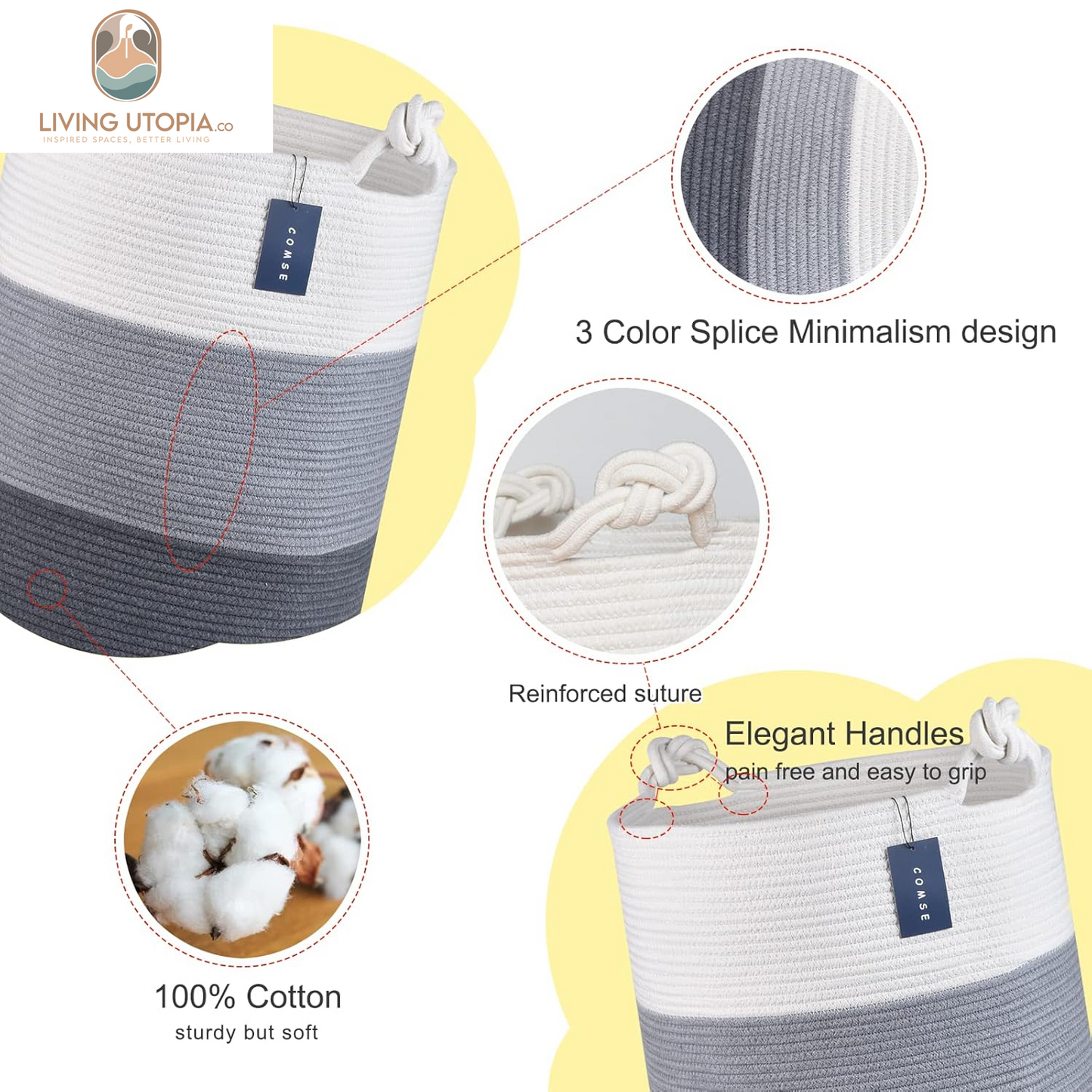Laundry Hamper, Extra Large 15.7"X 21.7", Cotton Rope Basket, Portable, White & Light Gray & Dark Gray