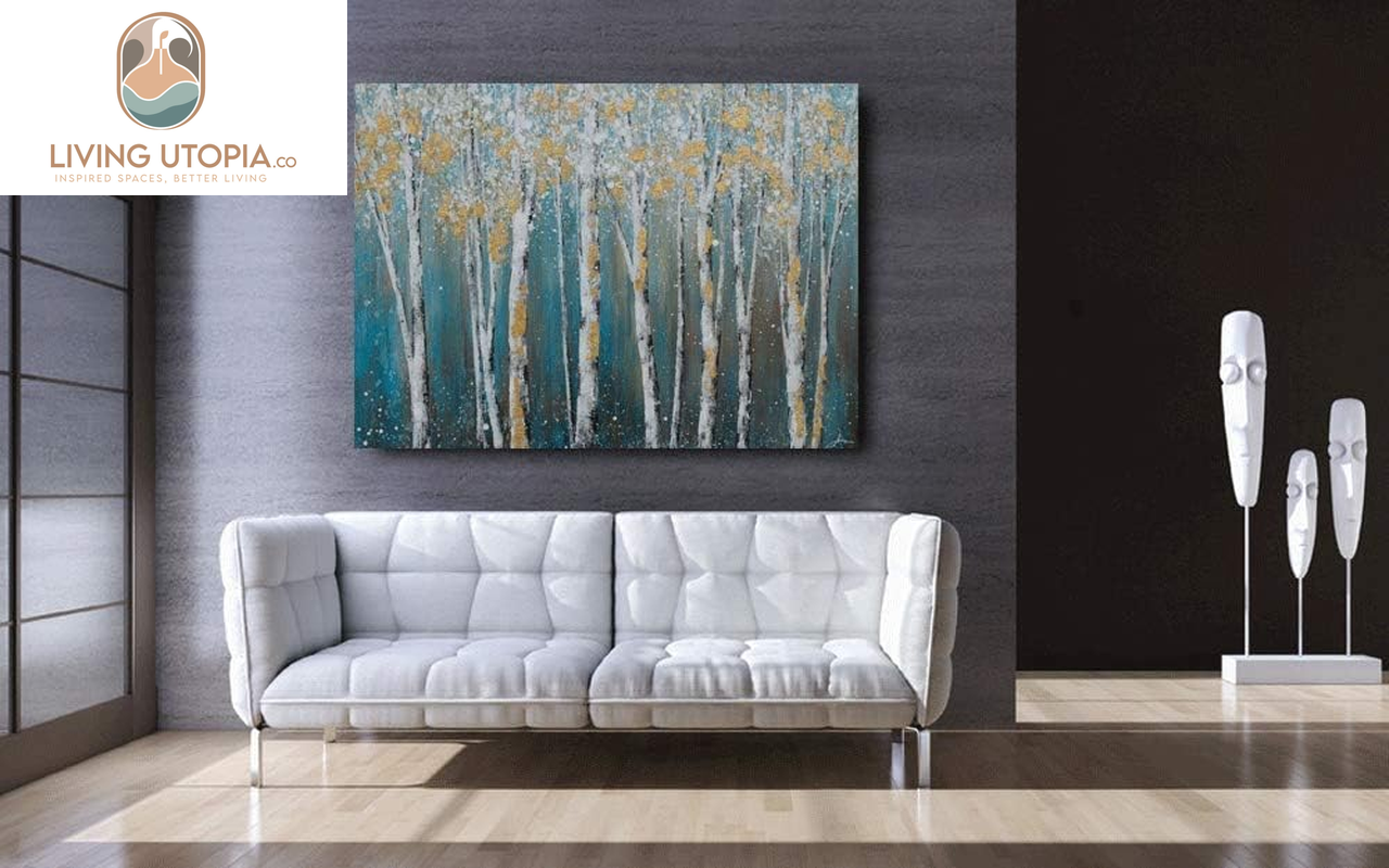 Birch Tree Canvas Wall Art Hand Painted Teal and White Color Painting with Gold Foil Modern Forest Pictures for Living Room Bedroom Office Decoration