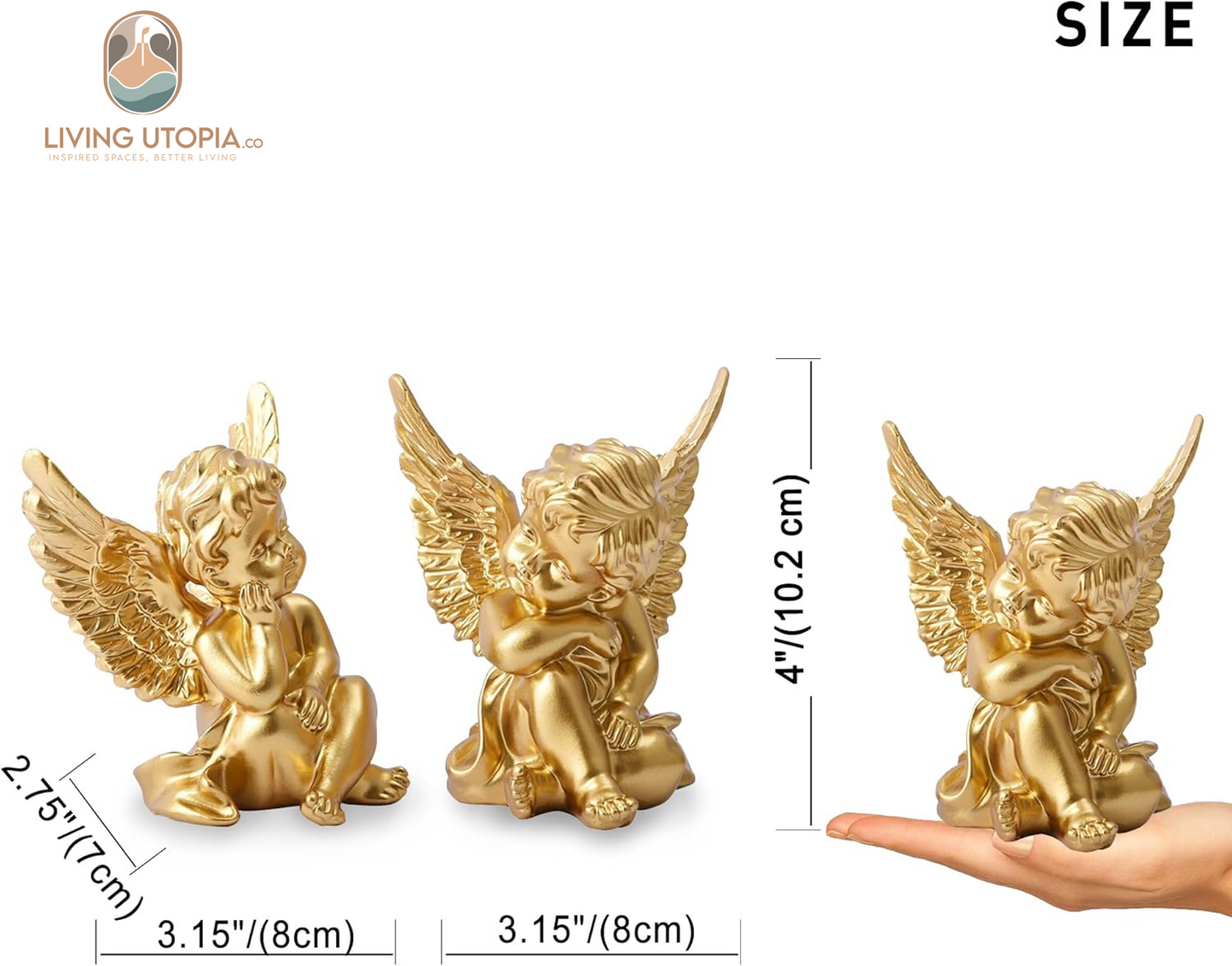 Set of 2 Cherubs Angels Resin Statue Figurine, Indoor Home Decoration, Adorable Angel Sculpture Memorial Statue 4" - Gold