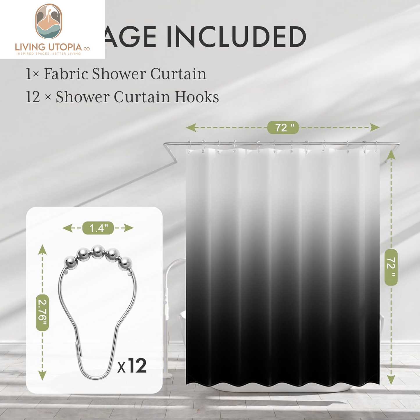 Shower Curtain, Cloth Ombre Black Shower Curtain Set with 12 Shower Curtain Hooks, Washable Fabric Black and White Shower Curtain, Rustic Farmhouse Bathroom Shower Curtain, 72X72 Inches