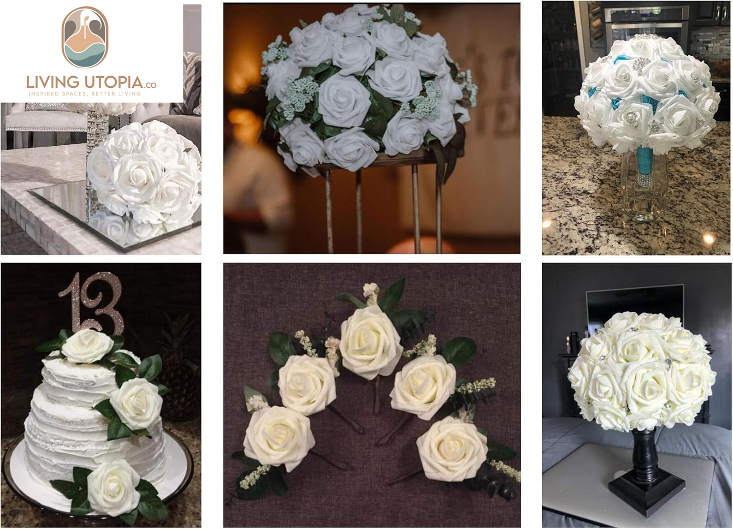 Artificial Flowers 50PCS Real Looking White Fake Roses with Stem for DIY Wedding Bouquets Centerpieces Party Baby Shower Home Decorations (White)