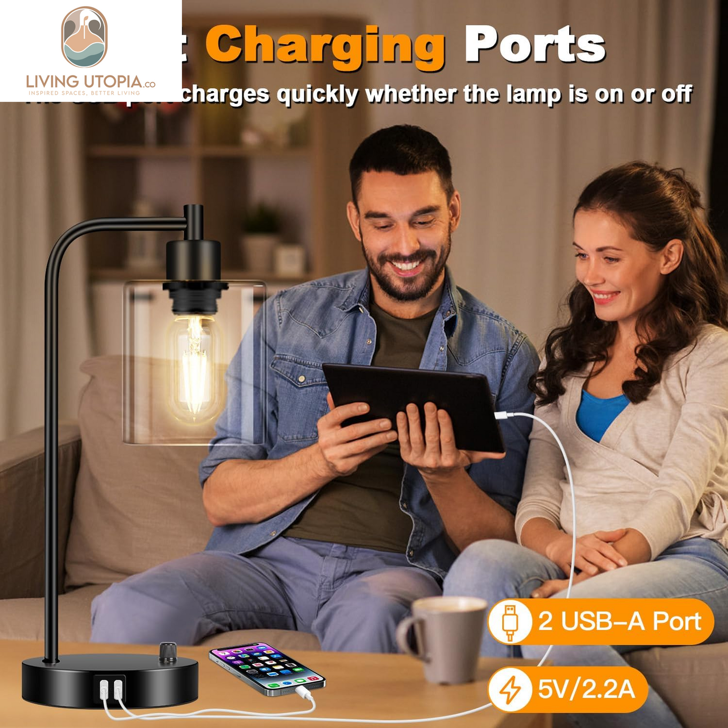 Industrial Table Lamp with 2 USB Charging Ports, Fully Stepless Dimmable Modern Nightstand Lamp, Glass Shade Bedside Desk Lamp for Bedroom Living Room Office, 6W 2700K LED Edison Bulb Included