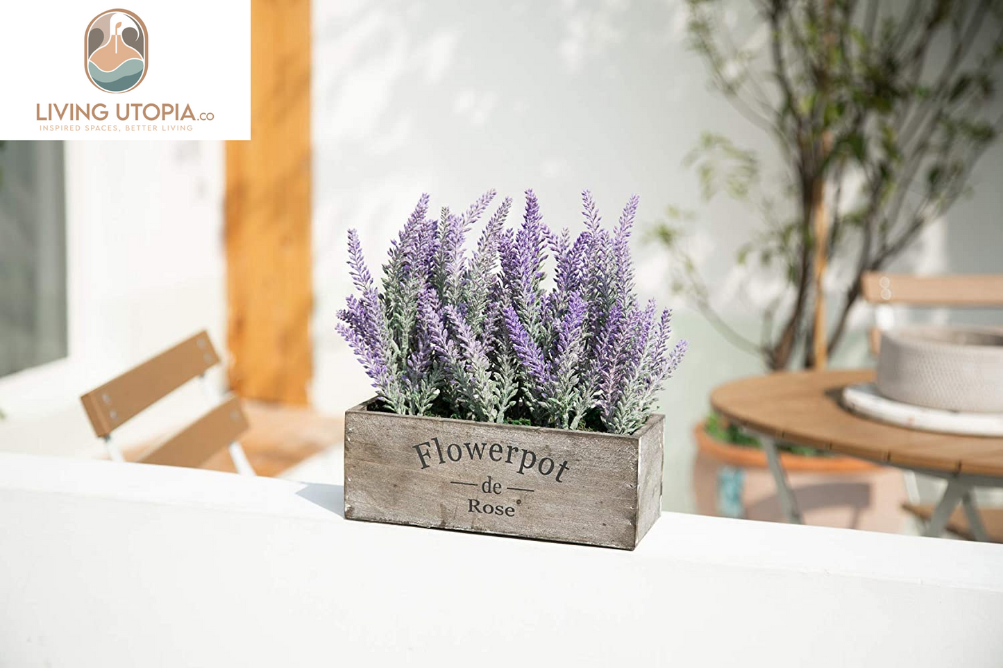 Purple Artificial Lavender Flowers with Decorative Tray Wooden Box 9 Inches - Lifelike Faux Lavender Plants for Home and Office Decor, Fake Lavender Rustic Farmhouse Style