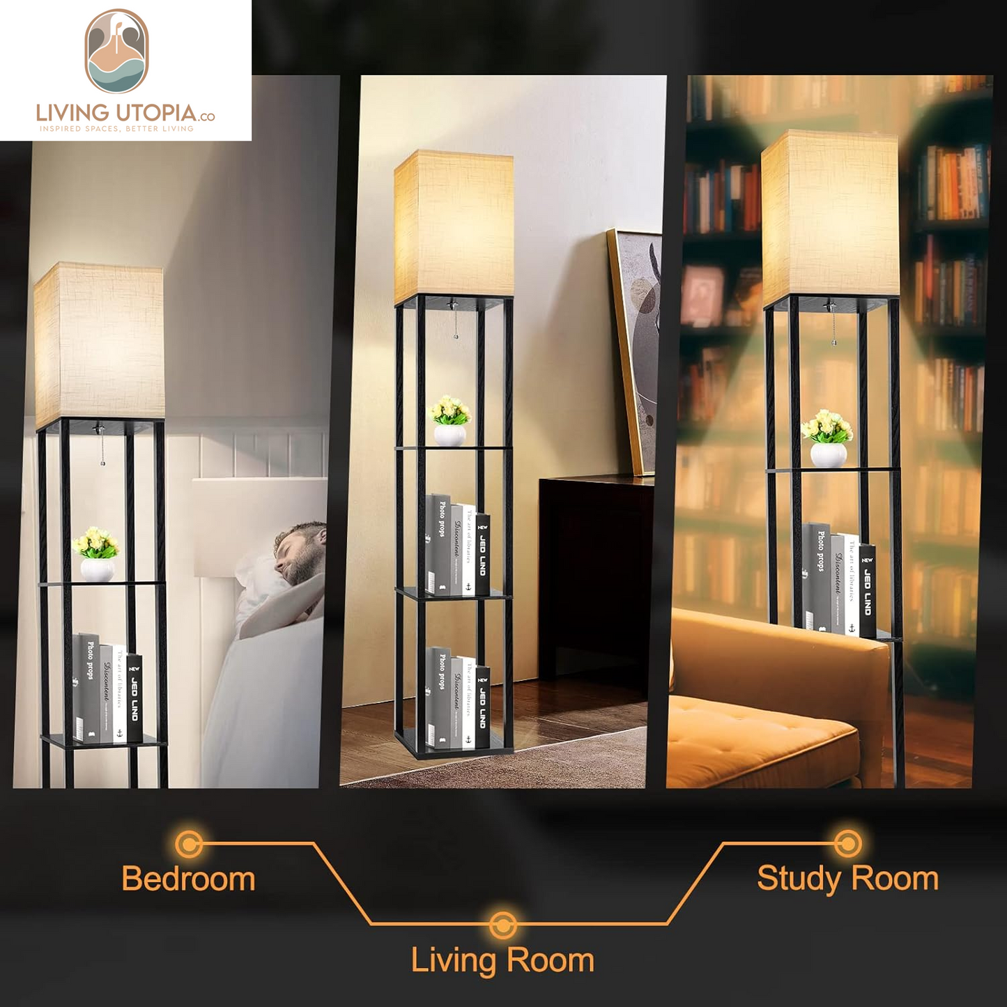 3-Shelf Floor Lamp with LED Bulbs - Modern Standing Display Shelf Lamp for Living Room, Bedroom and Office (Black)