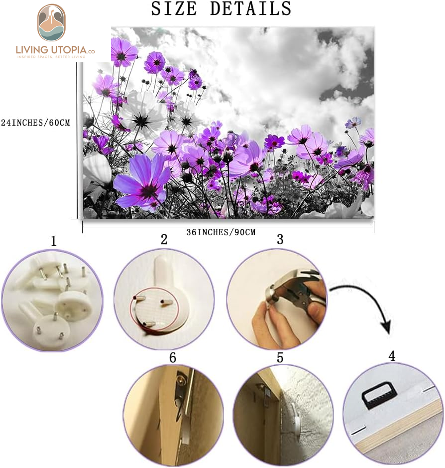 Canvas Wall Art Modern Purple Flowers Decor Black and White Framed Galsang Floral Print Poster Hanging Artwork Ready to Hang for Bedroom Living Room Bathroom Home Office Decoration 36L X 24W