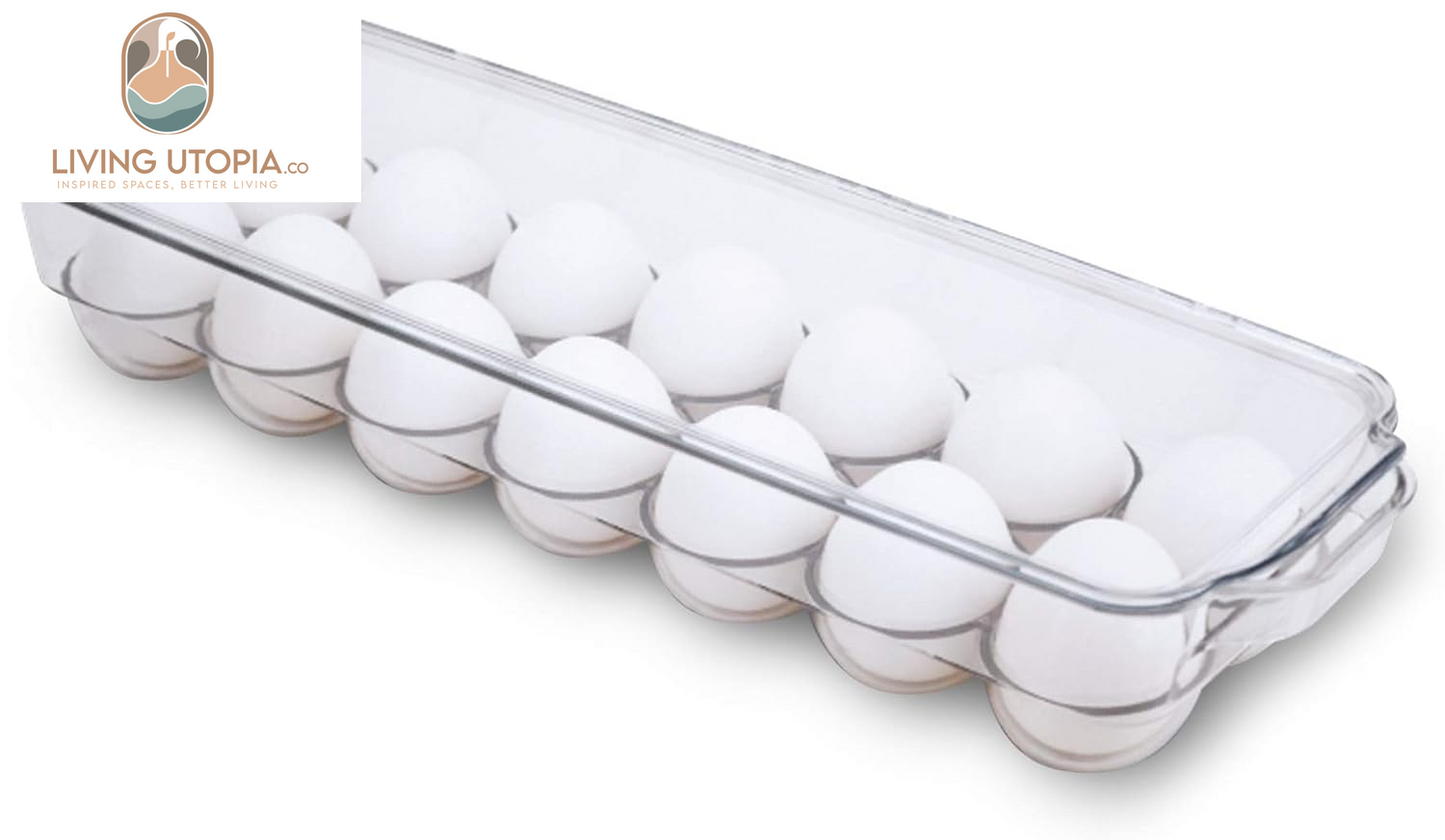 Stackable Refrigerator Egg Holder Bin with Handle and Lid - BPA Free Plastic - Fridge Drawer, Freezer Tray, Kitchen Pantry Storage Container Organizer - 14.65 X 3.25 Inch - Clear