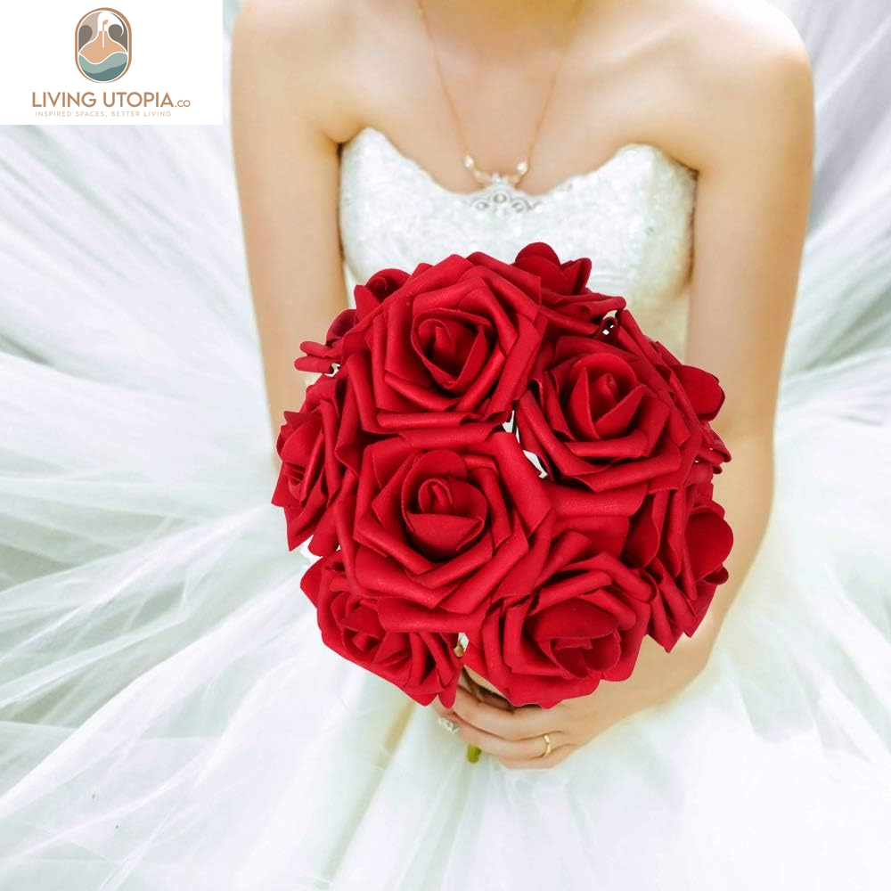 Artificial Flowers Dark Red Rose 50Pcs Real Looking Fake Roses W/Stem for DIY Wedding Bouquets Centerpieces Arrangements Party Baby Shower Home Decorations