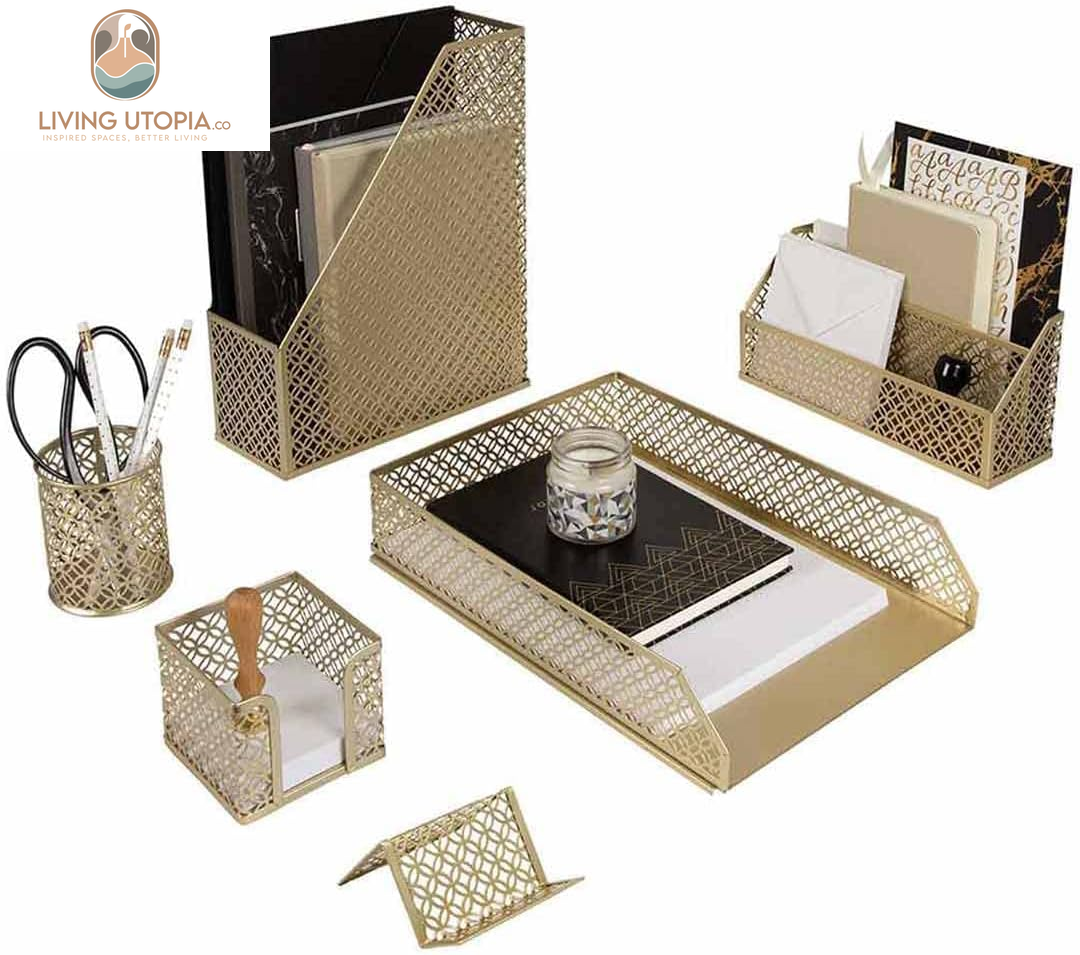 Gold Desk Organizer Set – Mail Sorter, Sticky Note Holder, Pen Cup, Magazine Holder, Letter Tray & Business Card Holder – Pink Office Decor