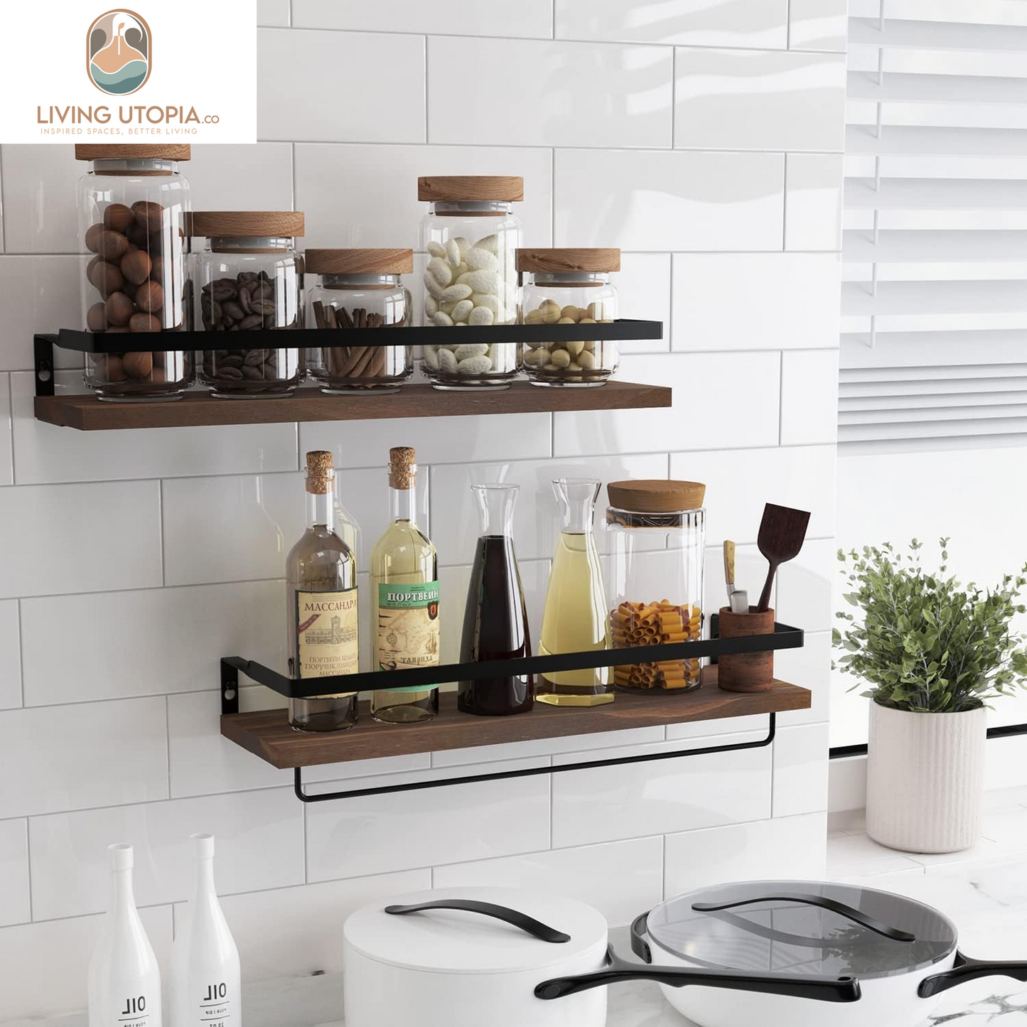 Floating Shelves for Wall, Bathroom Shelves with Towel Bar, Wall Mounted Storage Shelves for Kitchen, Bathroom, Set of 2 Brown