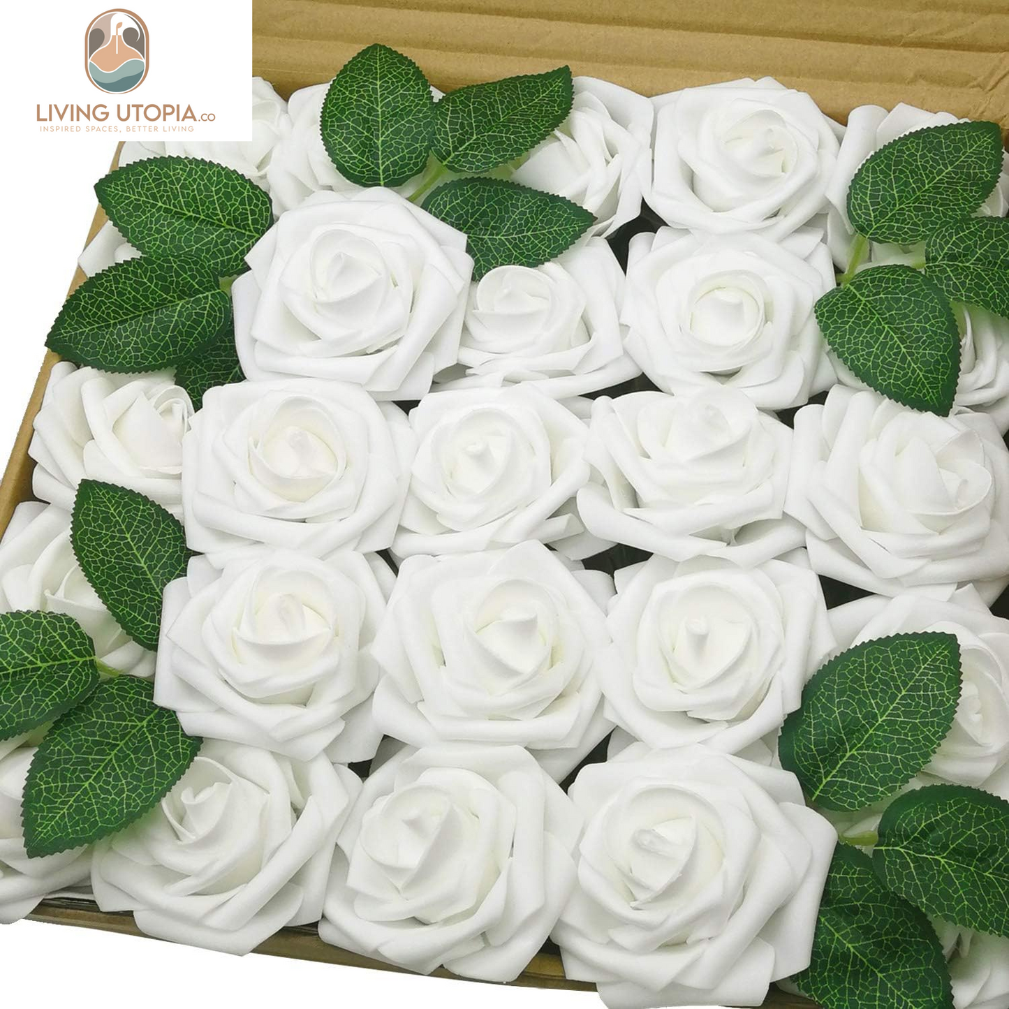 Artificial Flowers 50PCS Real Looking White Fake Roses with Stem for DIY Wedding Bouquets Centerpieces Party Baby Shower Home Decorations (White)
