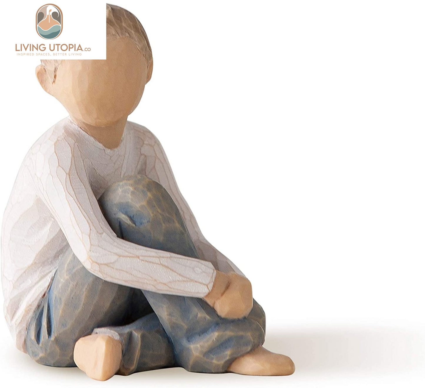 Caring Child, Nurtured by Your Loving Care, Seated Boy Figure in Blue Jeans, Works Well in Groupings That Reflect Family Relationships, Sculpted Hand-Painted Figure