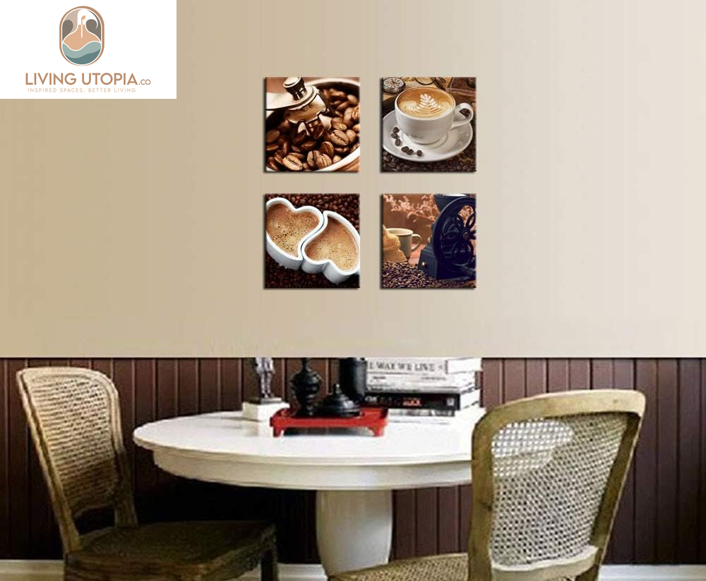 Kitchen Canvas Wall Art Coffee Bean Coffee Cup Coffee Grinder Canvas Pictures Large Modern Artwork Prints for Dining Room Home Decorations 16" X 16" X 4 Pieces Framed Ready to Hang