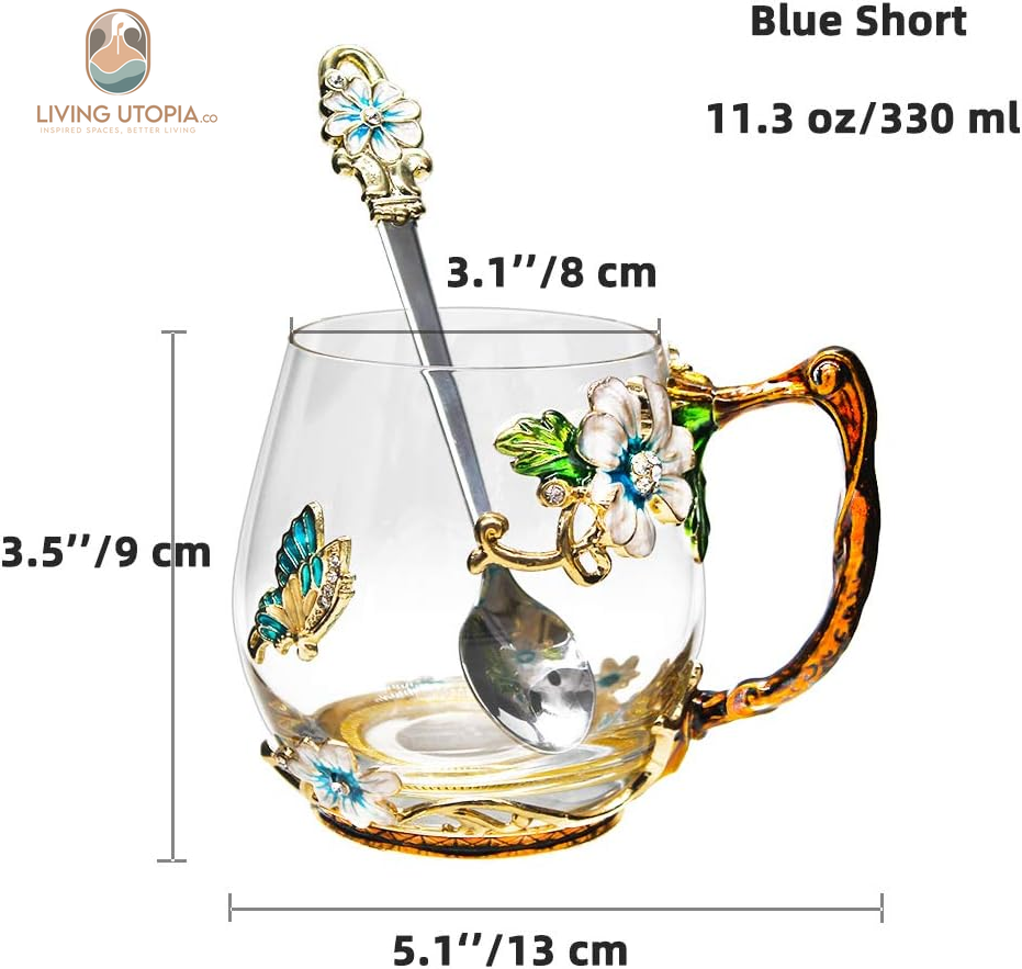 Tea Cup Glass Coffee Mugs(12 Oz), Handmade Enamel Cups with Spoon Set, Mother'S Day Gifts for Mom/Grandma, Birthday Wedding Anniversary Christmas Gifts for Women. (Light Blue, Short)