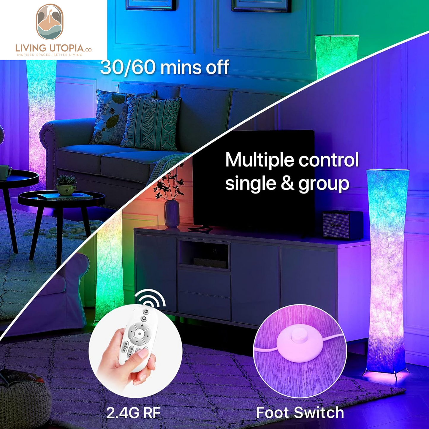 Floor Lamp, 52"(S) Standing Lamp, RGB Color Changing LED Bulbs, Adjustable Brightness Color Temperature, Purple Grandient Fabric Lampshade, for Living Room, Bedroom, Kids Room