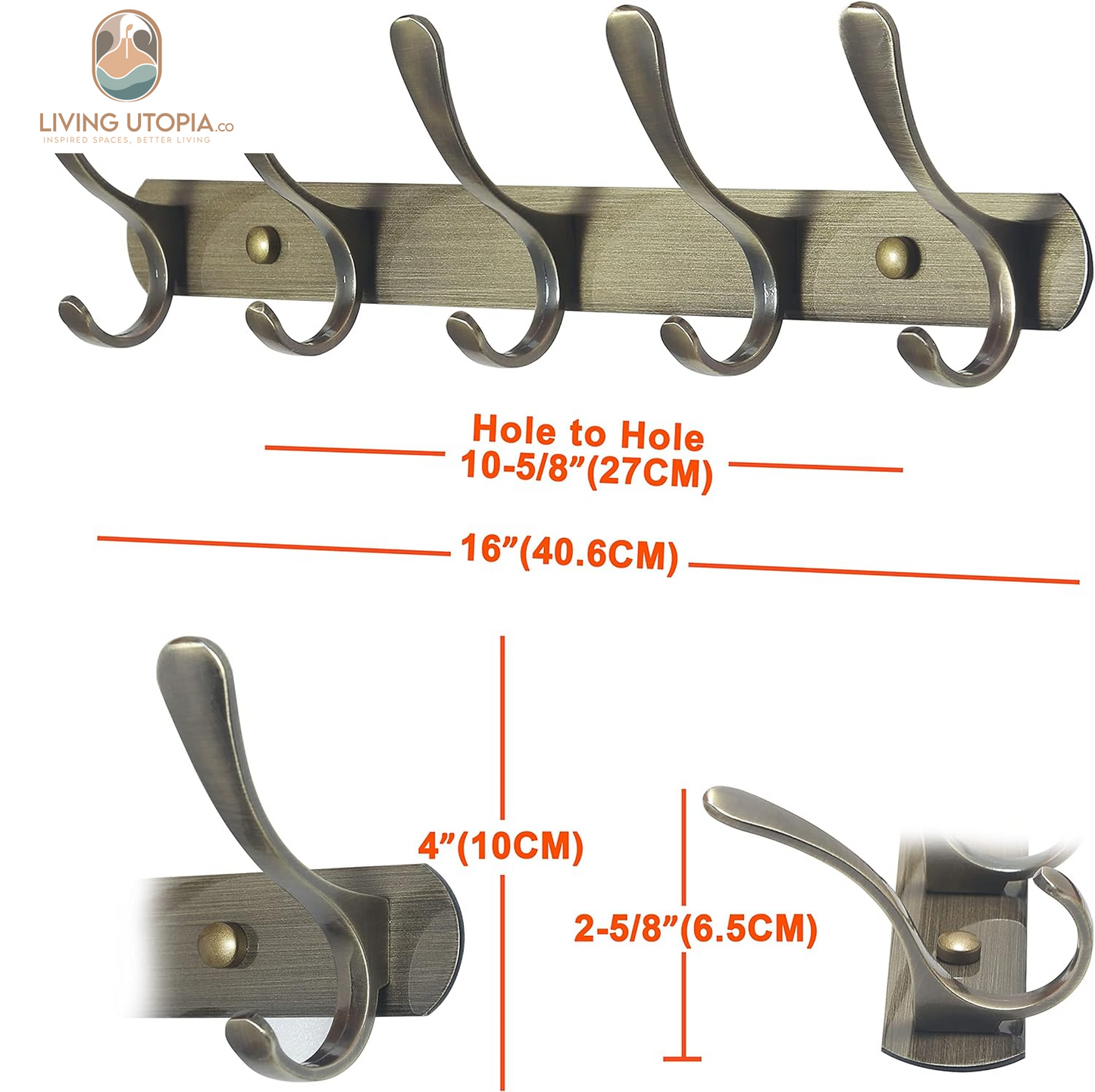 Coat Rack Wall Mount - Modern, Metal Wall Coat Rack with 5 Hooks, Sturdy Wall Hook Rack Rail for Hanging Coat, Jacket, Clothes, Hat, Bronze