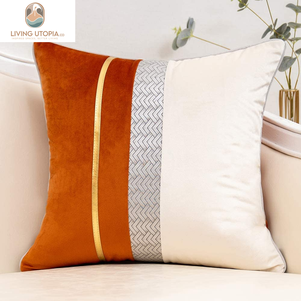 Burnt Orange Patchwork Velvet Throw Pillow Cover with Gold Striped Leather Cushion Case Modern Luxury Pillowcase for Sofa Couch Bedroom Living Room Home Decor,18"X18"