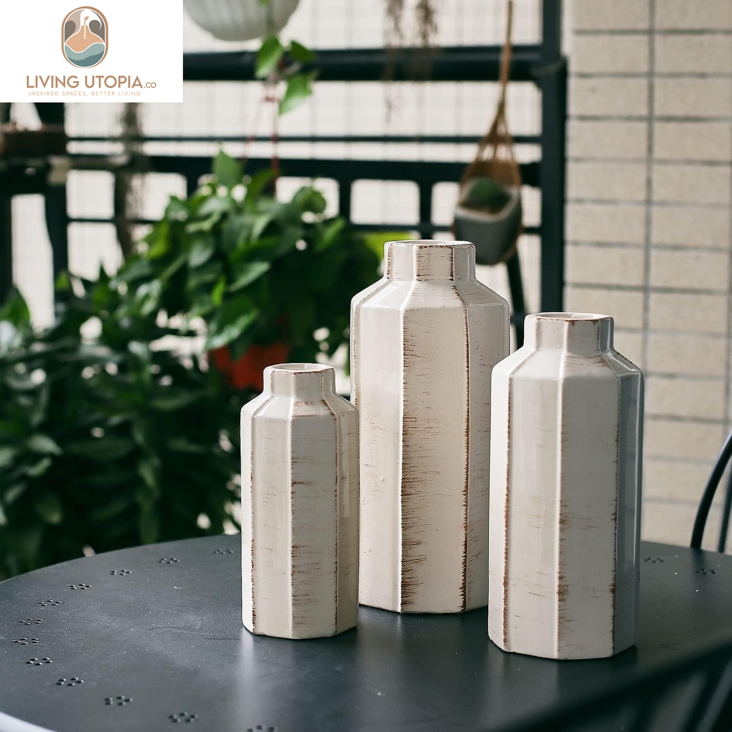 Ceramic Rustic Farmhouse Vase Set of 3,Ice Cracked Glazed Terracotta Vase,Large Vase for Decor,Fall Decoratiion Vases for Home, Table, Living Room, Shelf