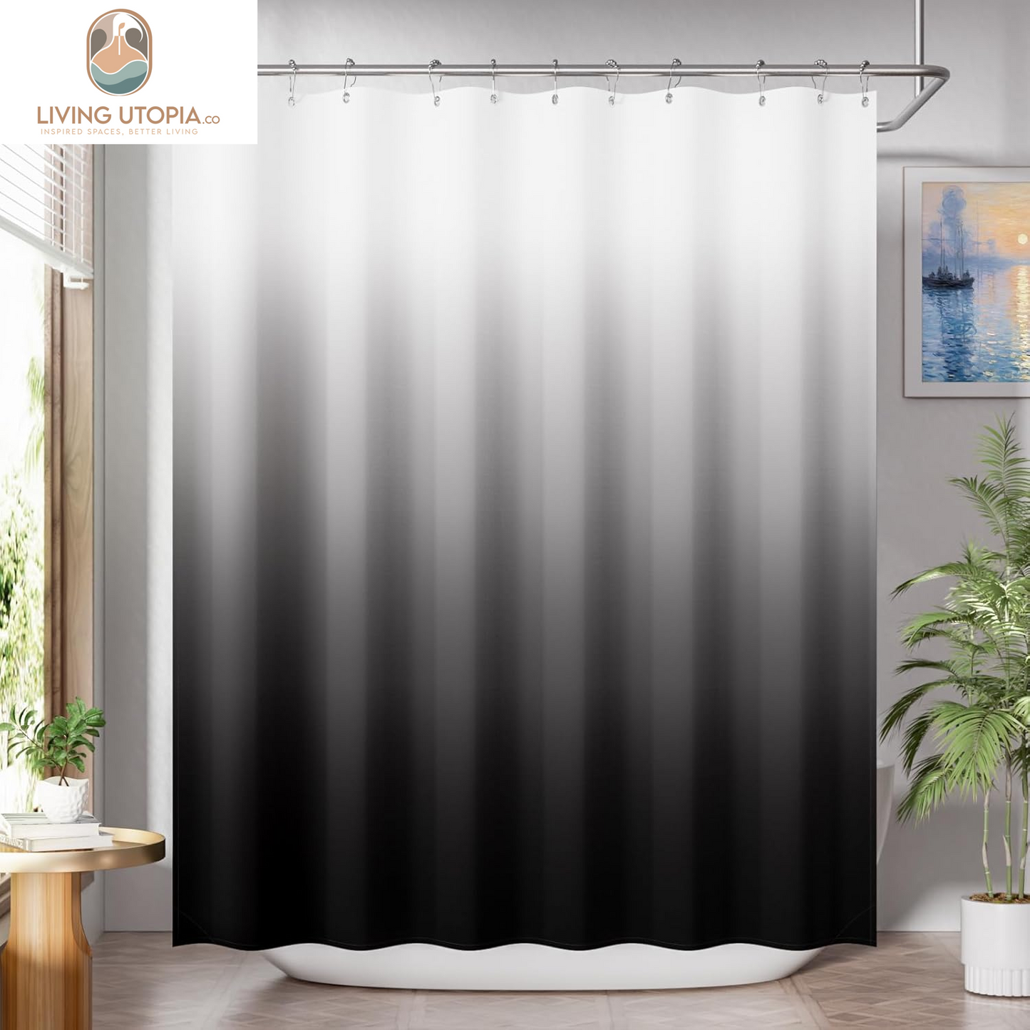 Shower Curtain, Cloth Ombre Black Shower Curtain Set with 12 Shower Curtain Hooks, Washable Fabric Black and White Shower Curtain, Rustic Farmhouse Bathroom Shower Curtain, 72X72 Inches