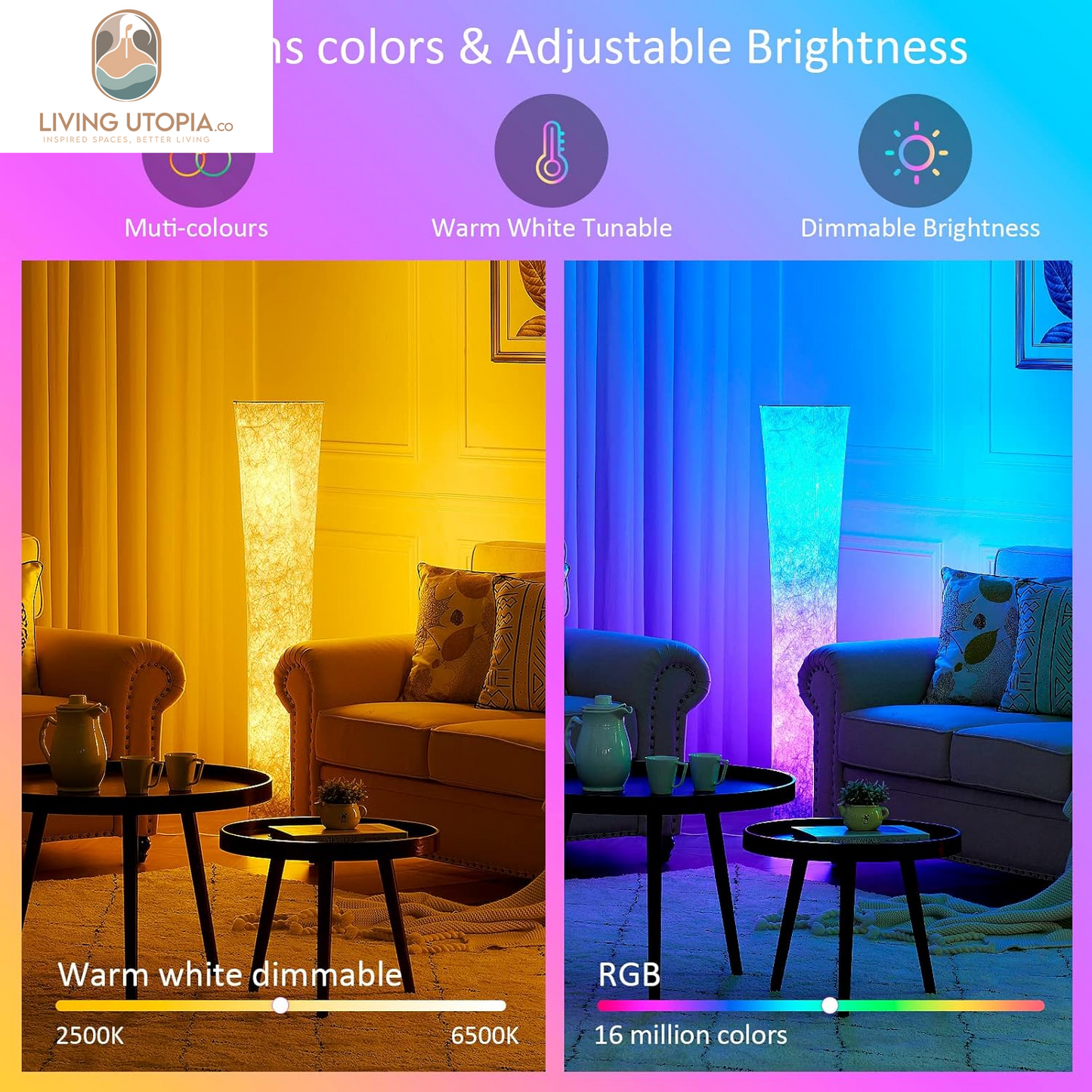 Floor Lamp, 52"(S) Standing Lamp, RGB Color Changing LED Bulbs, Adjustable Brightness Color Temperature, Purple Grandient Fabric Lampshade, for Living Room, Bedroom, Kids Room