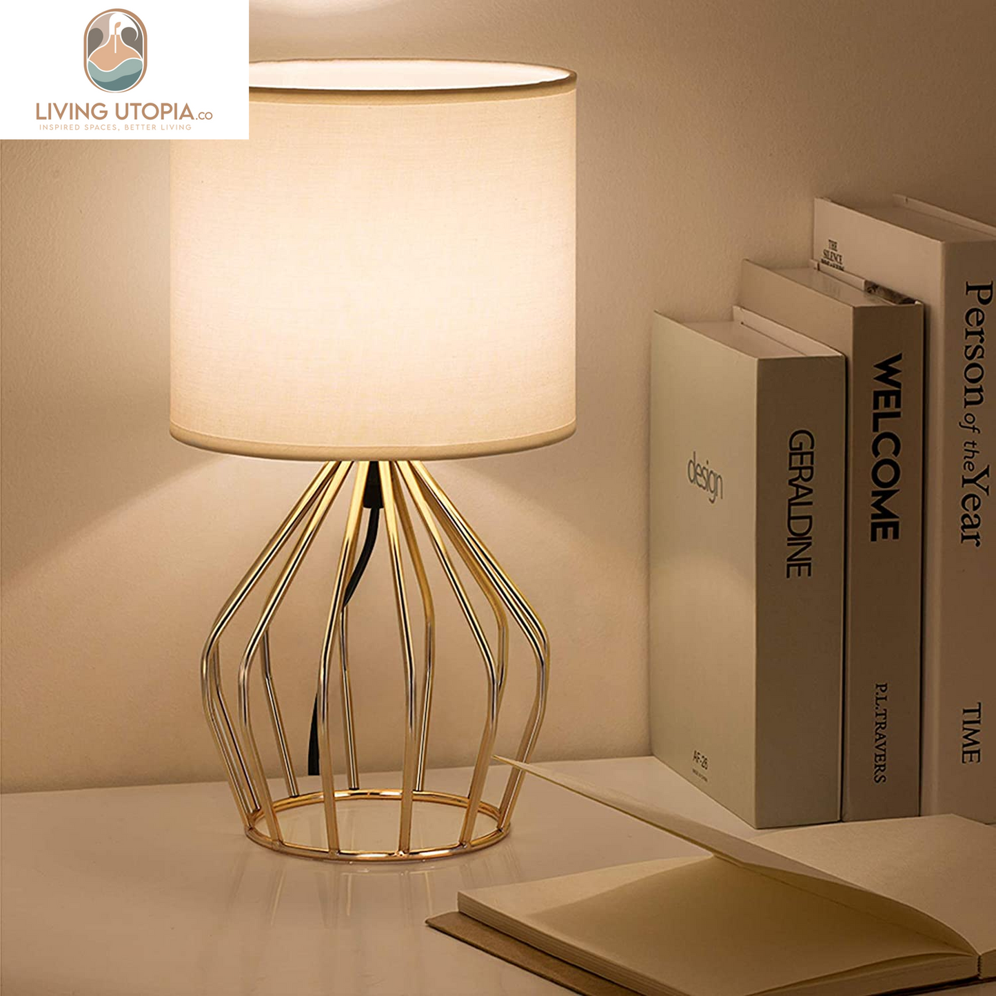 Gold Table Lamp - Modern Style Desk Lamp with Hollowed Out Base Linen Fabric Shade, Small Golden Bedside Lamp for Bedrooms, Living Room